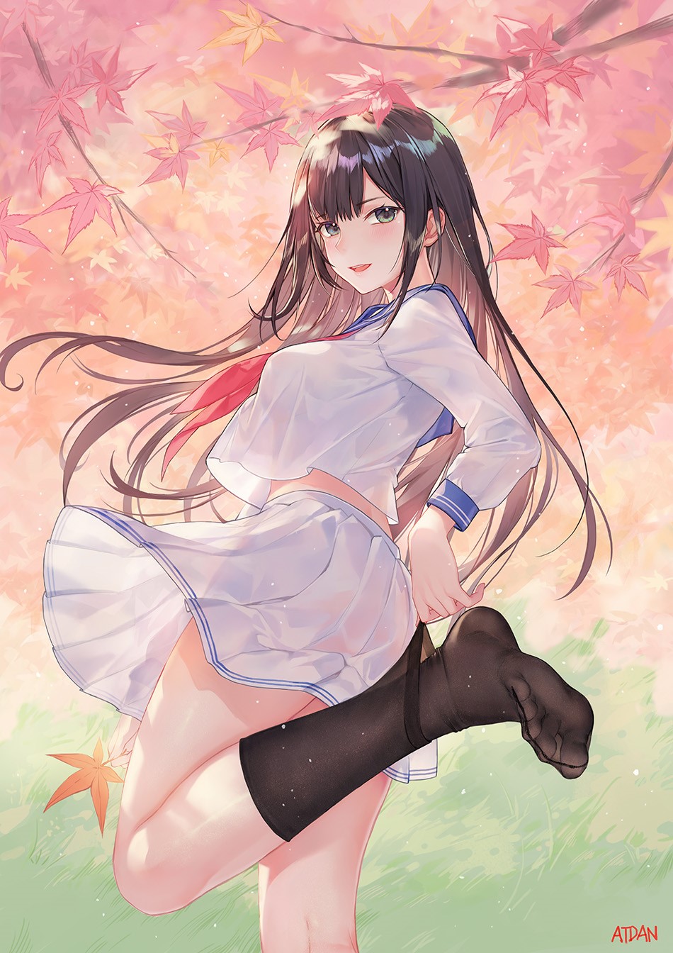 Anime Schoolgirl with Black Hair and Leaves HD Phone Wallpaper