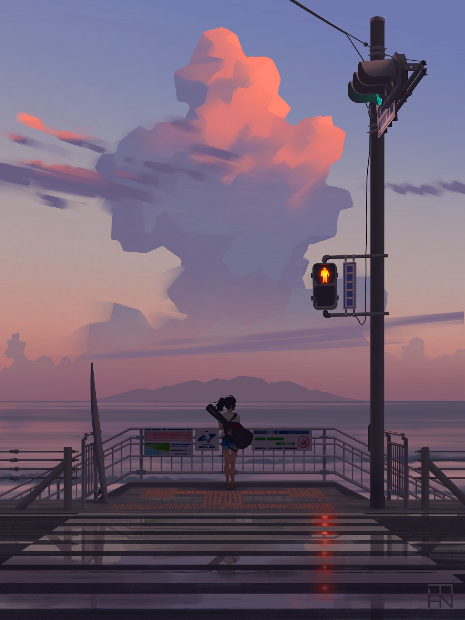 Girl with guitar at sunset crosswalk HD Phone Wallpaper