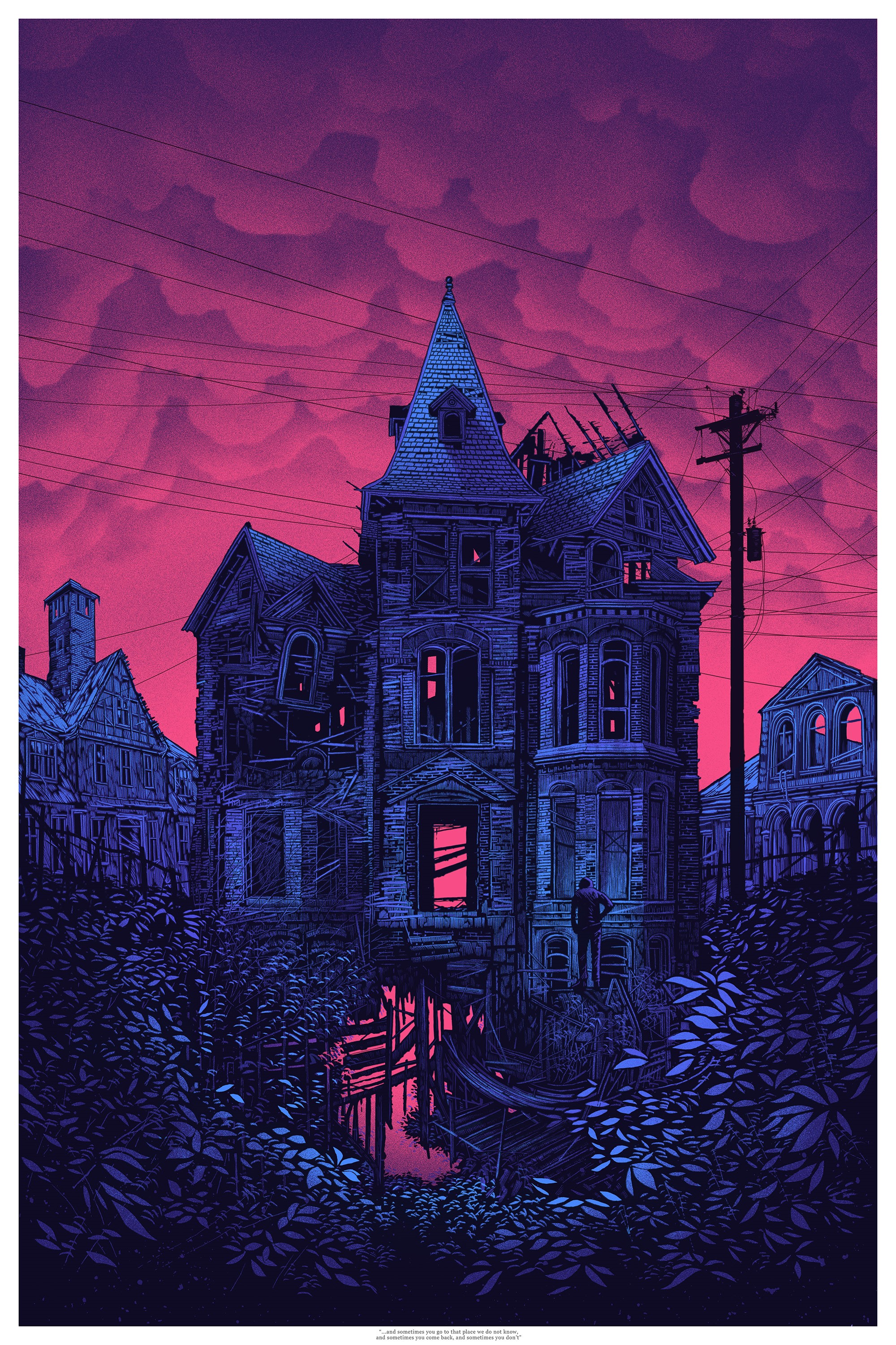 Spooky mansion drawing with pink and blue sky HD Phone Wallpaper