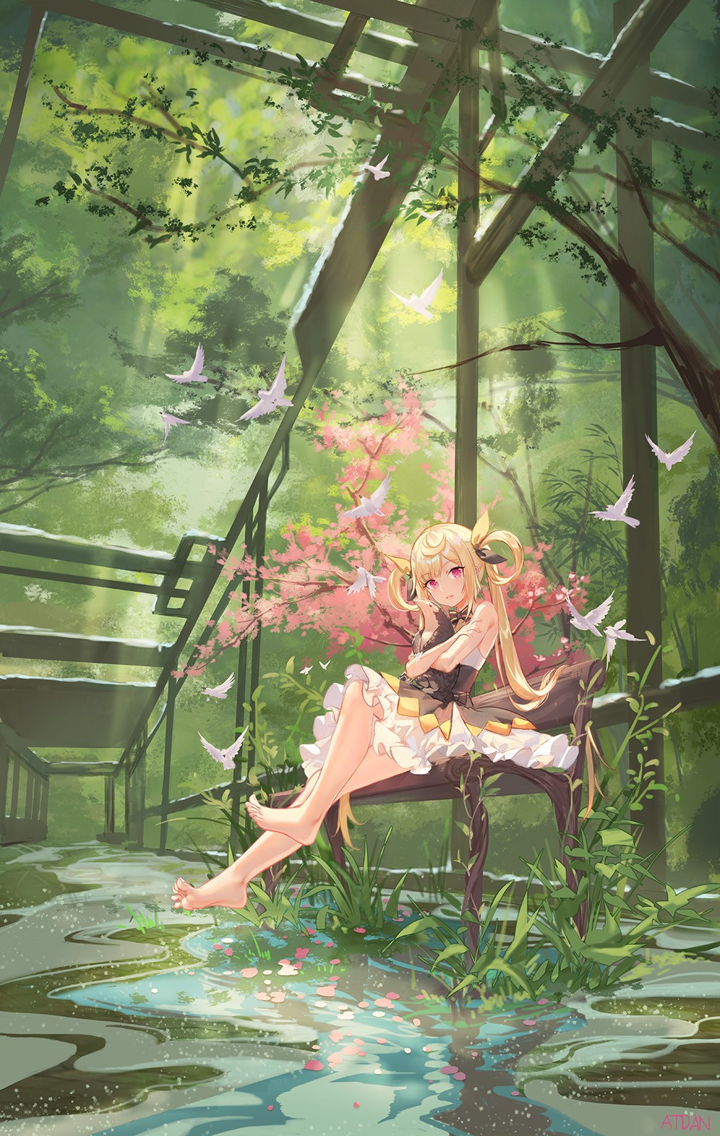 Anime girl sitting on a bench in a garden with birds HD Phone Wallpaper