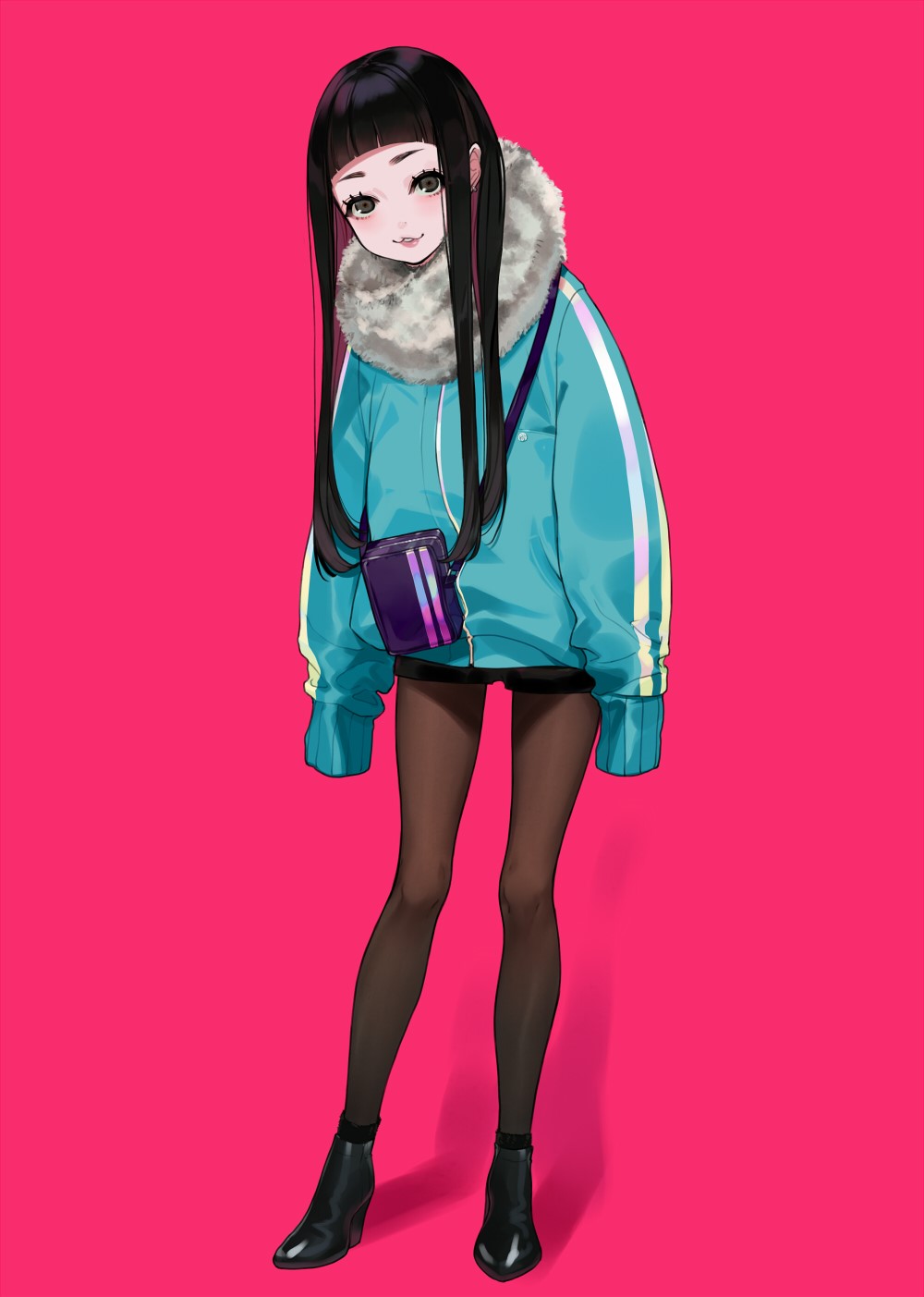 Anime girl in blue jacket with fur collar HD Phone Wallpaper