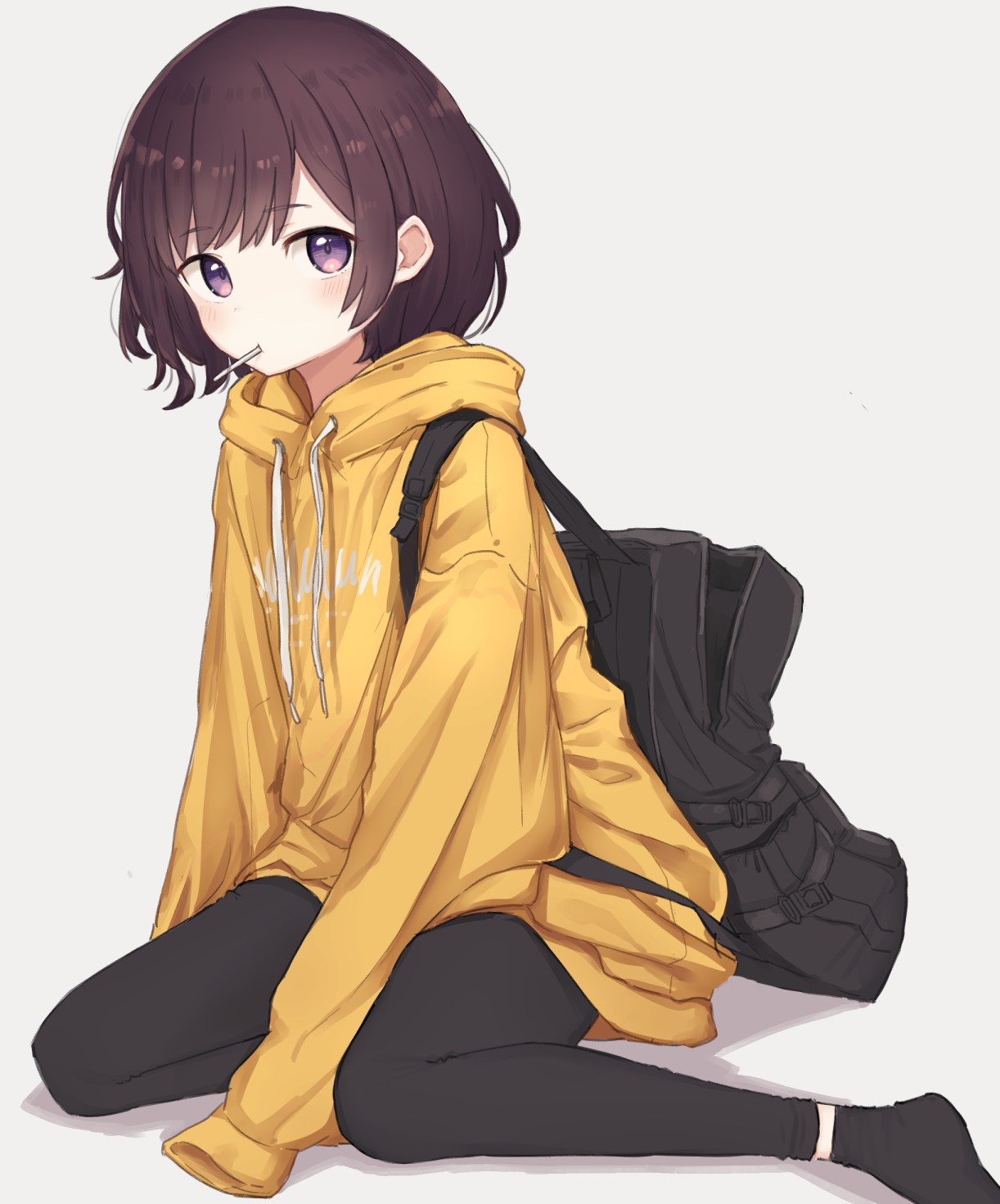 Kneeling Anime Girl with Purple Eyes HD Phone Wallpaper