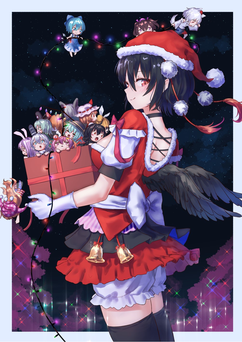 Anime girls in Christmas outfits with a gift box HD Phone Wallpaper