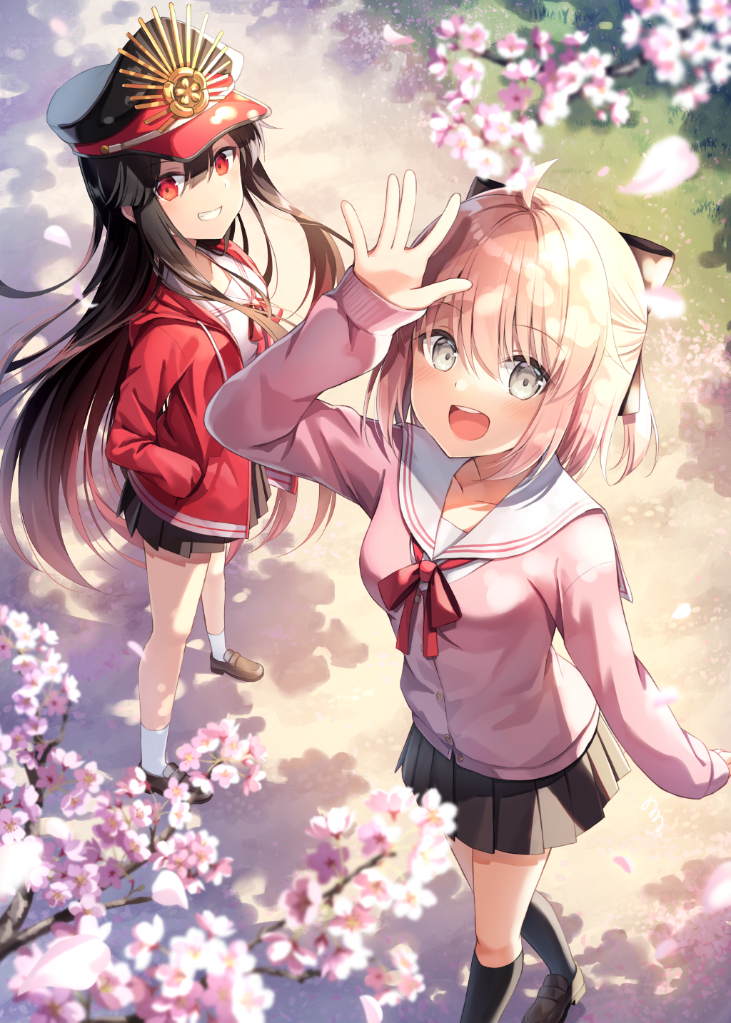 Two anime girls in school uniforms under cherry blossoms HD Phone Wallpaper