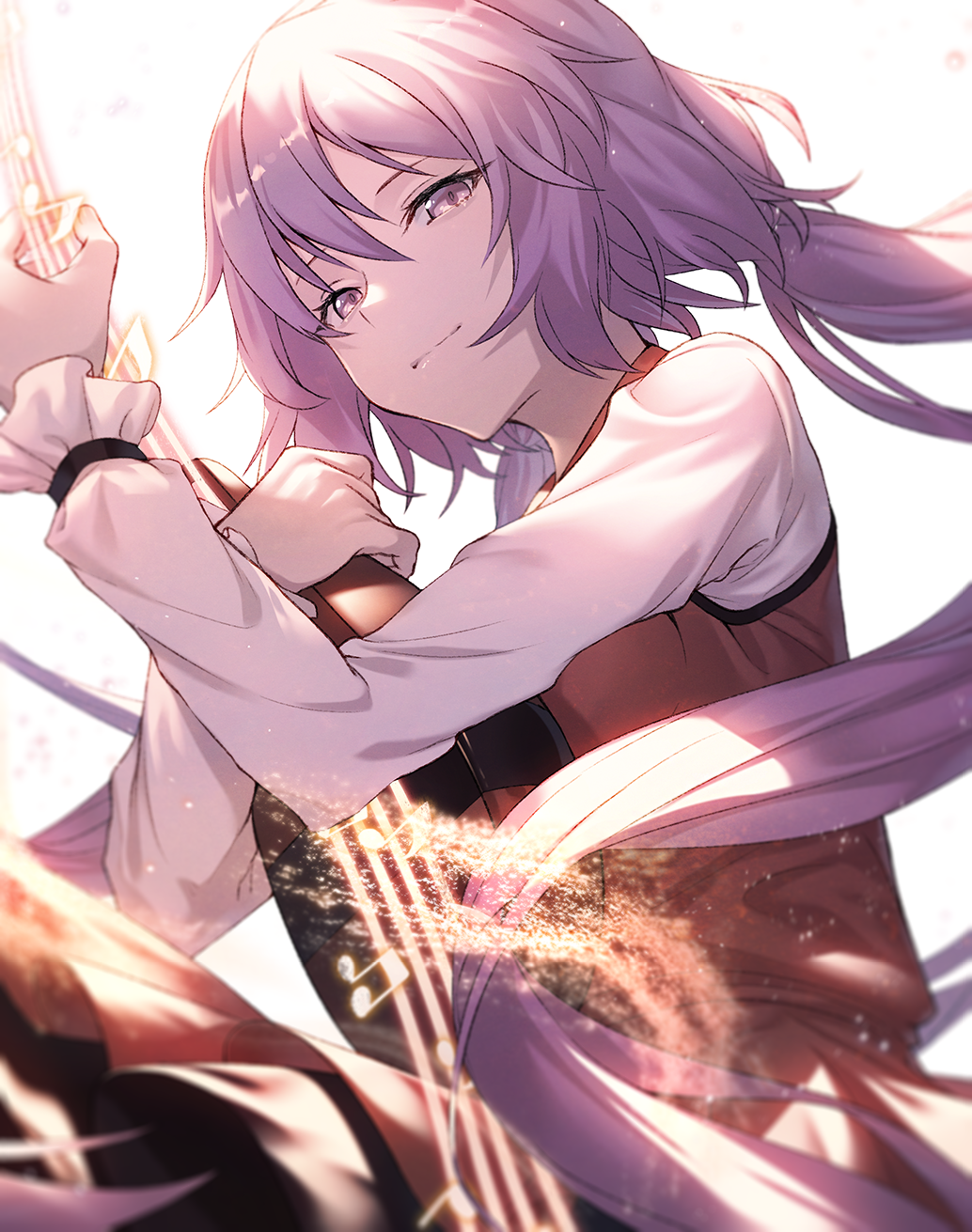 Anime girl with purple hair playing a string instrument HD Phone Wallpaper