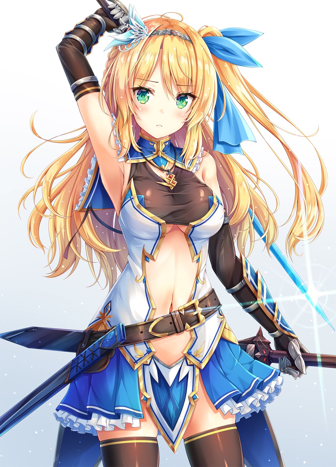 Anime girl with blonde hair and green eyes holding a sword HD Phone Wallpaper
