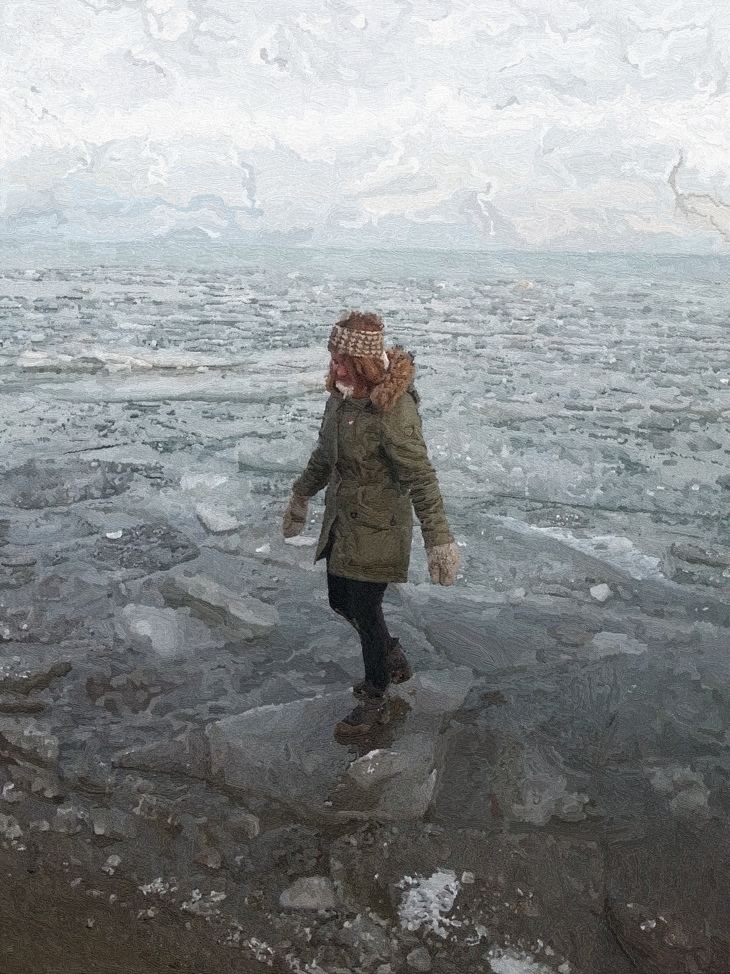 Woman walking on ice at Point Pelee HD Phone Wallpaper