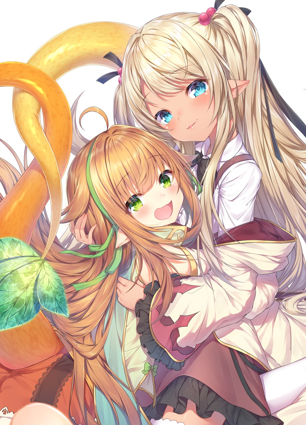Two anime girls with blonde and brown hair hugging HD Phone Wallpaper