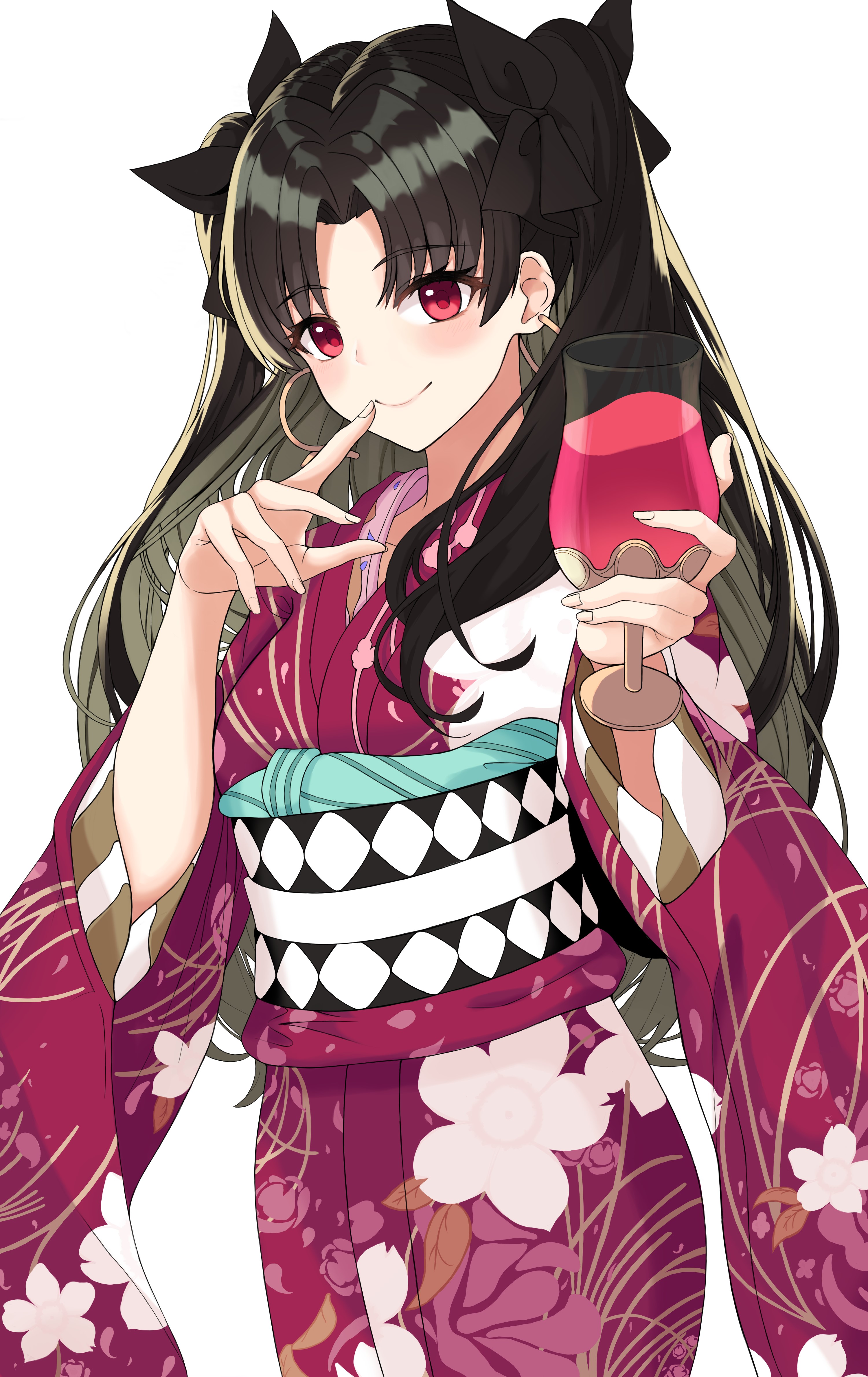 Anime girl in yukata holding a wine glass HD Phone Wallpaper