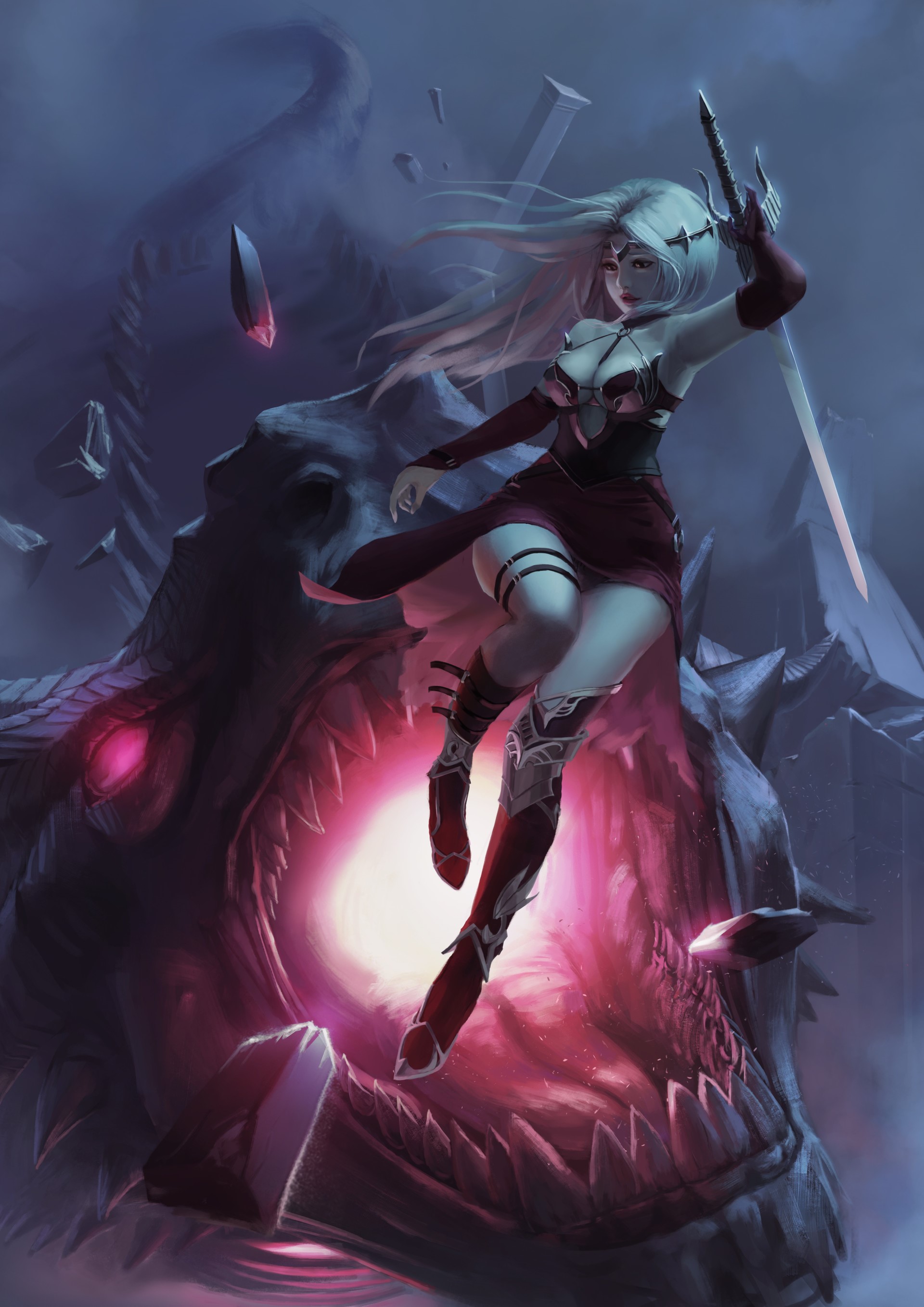 Woman with sword fighting a dragon creature HD Phone Wallpaper