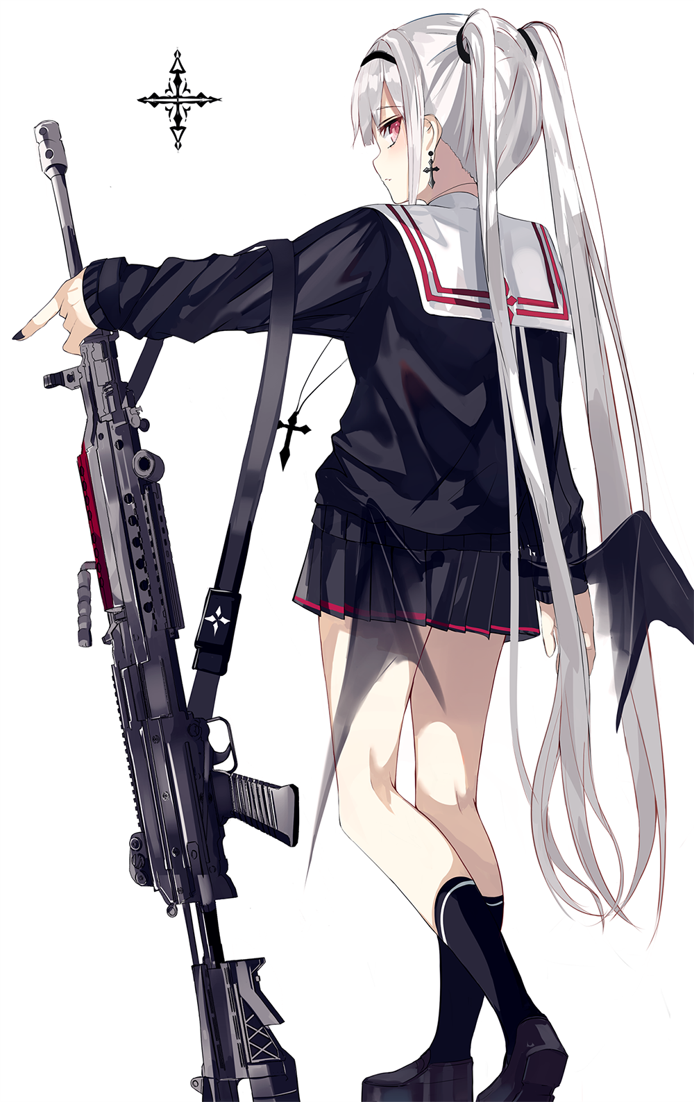 Anime girl with white hair and a sniper rifle HD Phone Wallpaper