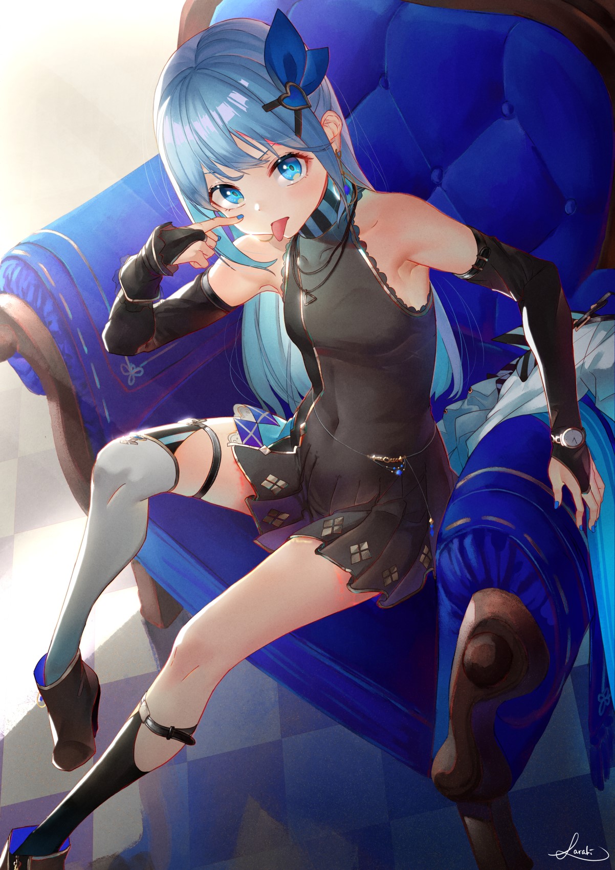 Anime girl with blue hair sitting on a blue chair HD Phone Wallpaper