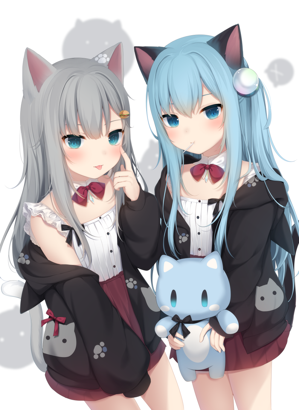 Two anime girls with cat ears holding a plush toy HD Phone Wallpaper