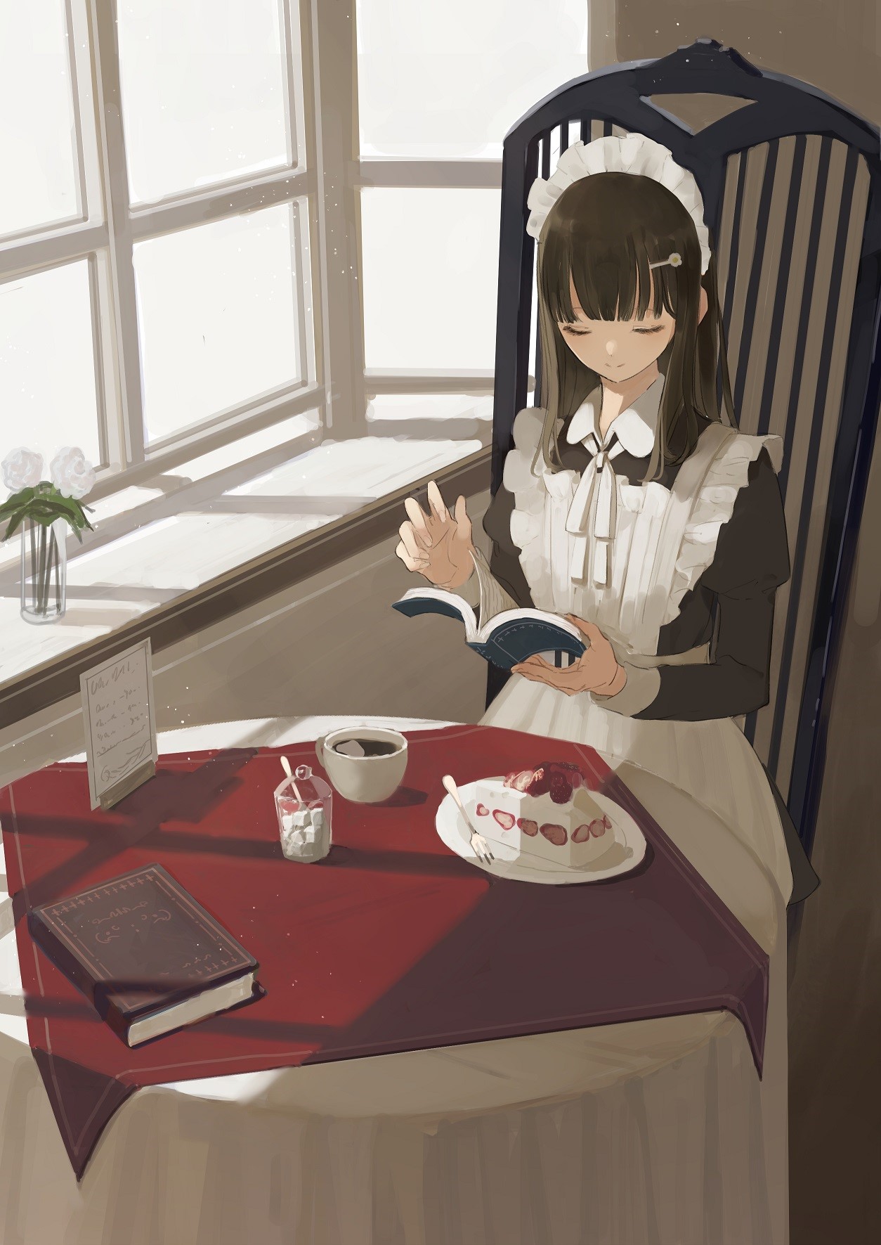 Anime Maid Reading a Book with Cake and Coffee HD Phone Wallpaper
