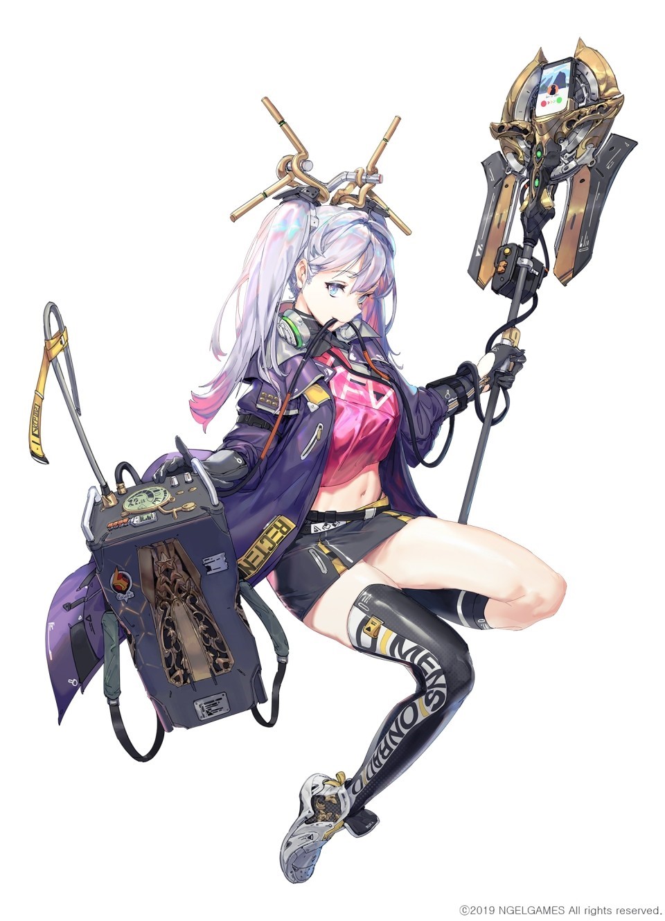 Anime girl with futuristic gear and staff HD Phone Wallpaper