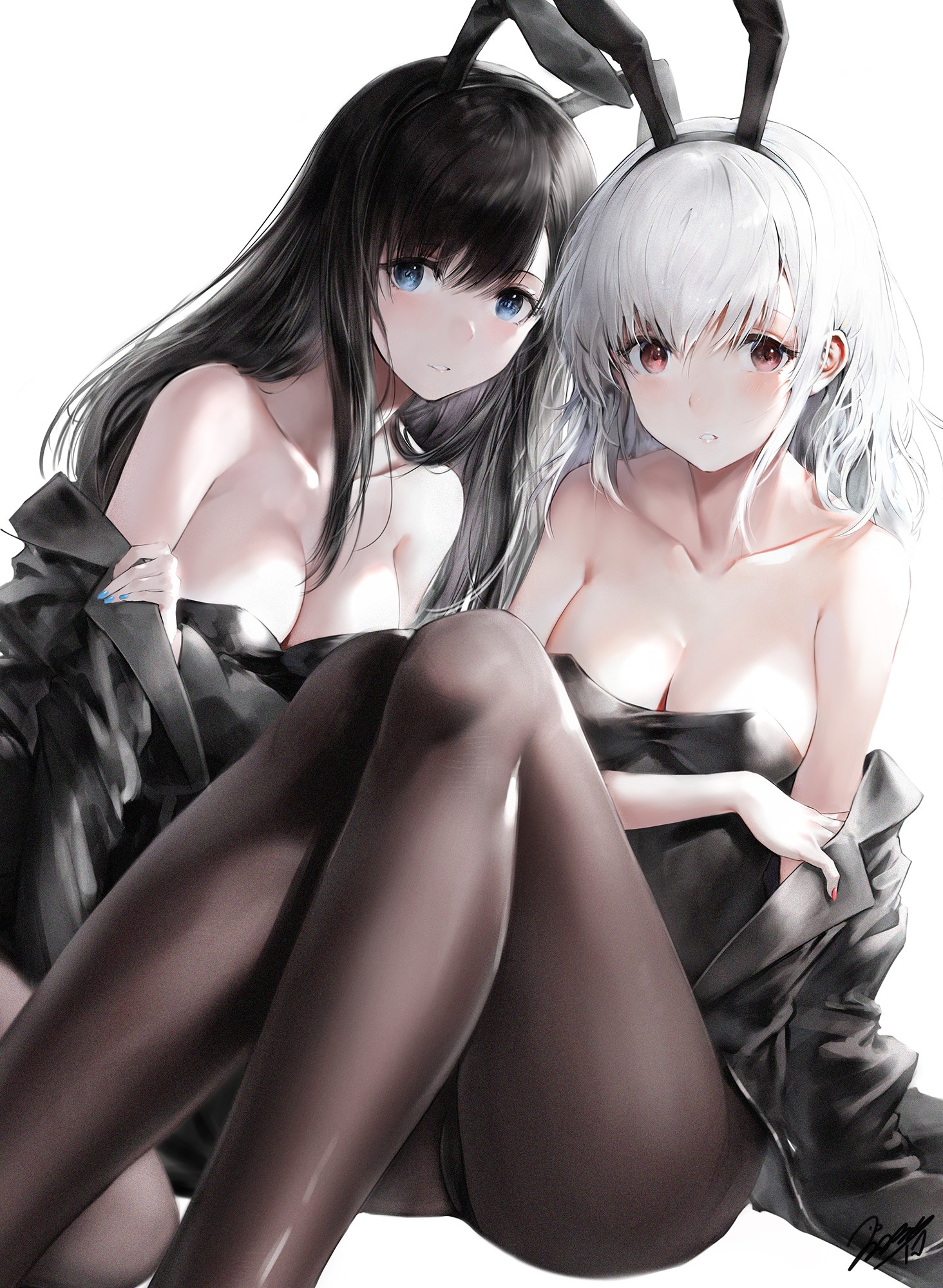 Two anime girls with bunny ears and pantyhose HD Phone Wallpaper