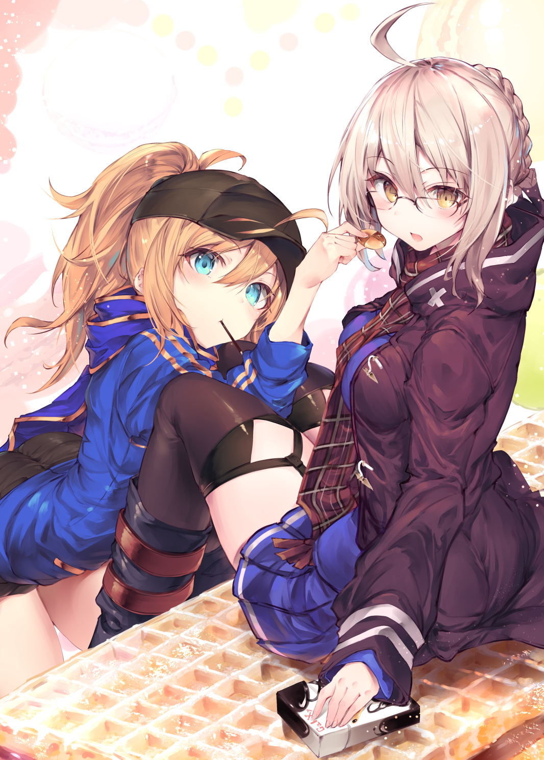 Two anime girls eating waffles HD Phone Wallpaper