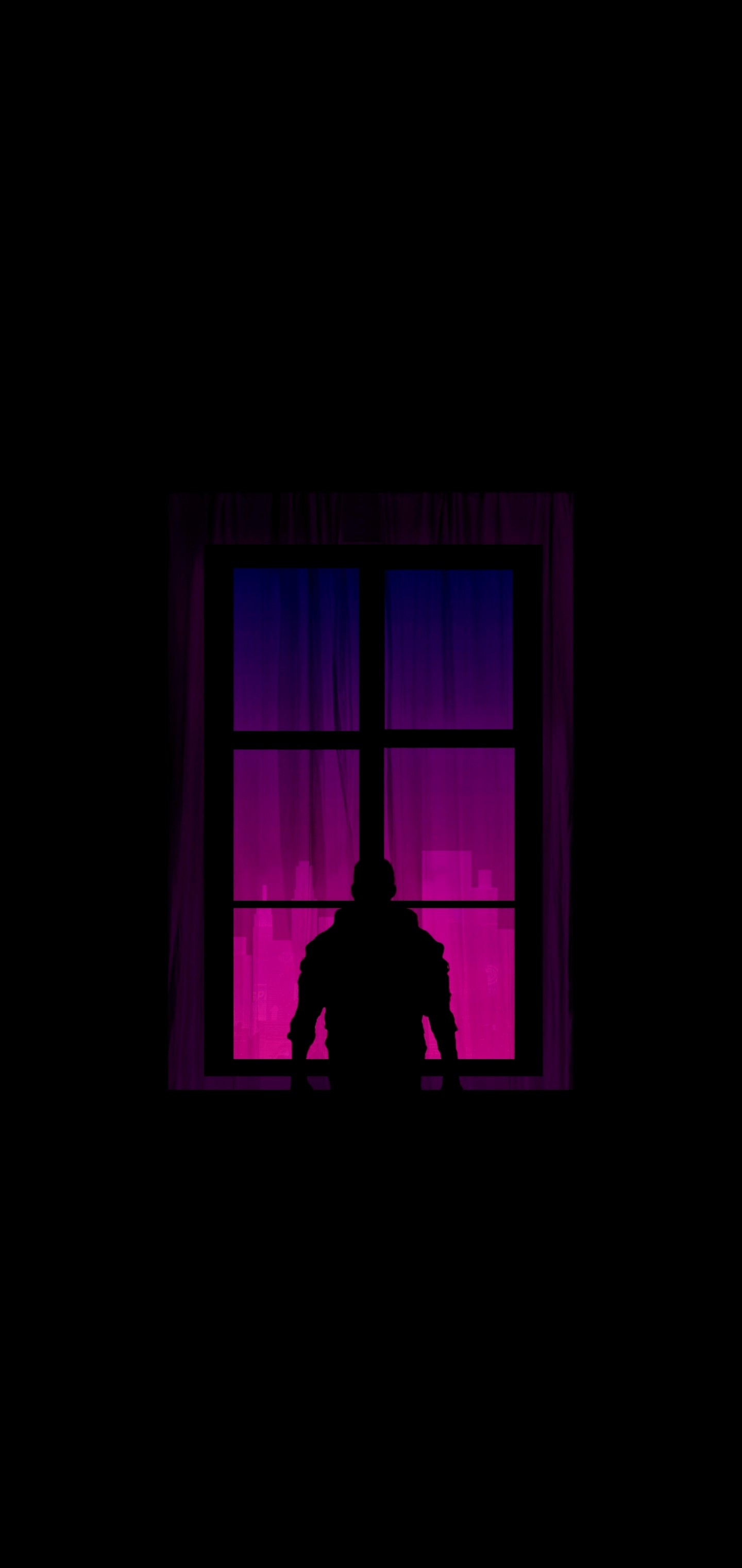 Silhouette of a person looking out a window at a city skyline HD Phone Wallpaper
