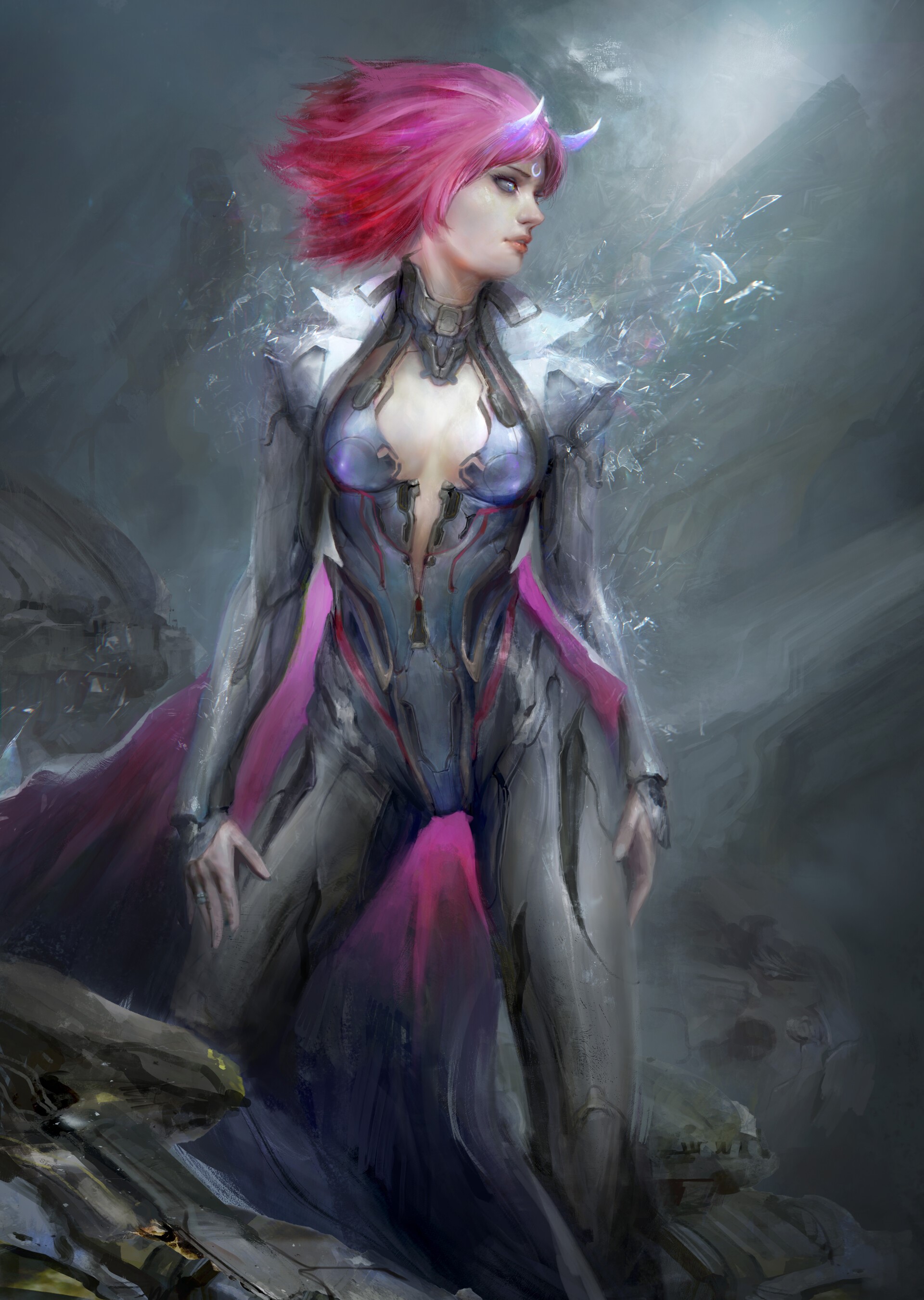 Fantasy girl with pink hair and horn HD Phone Wallpaper