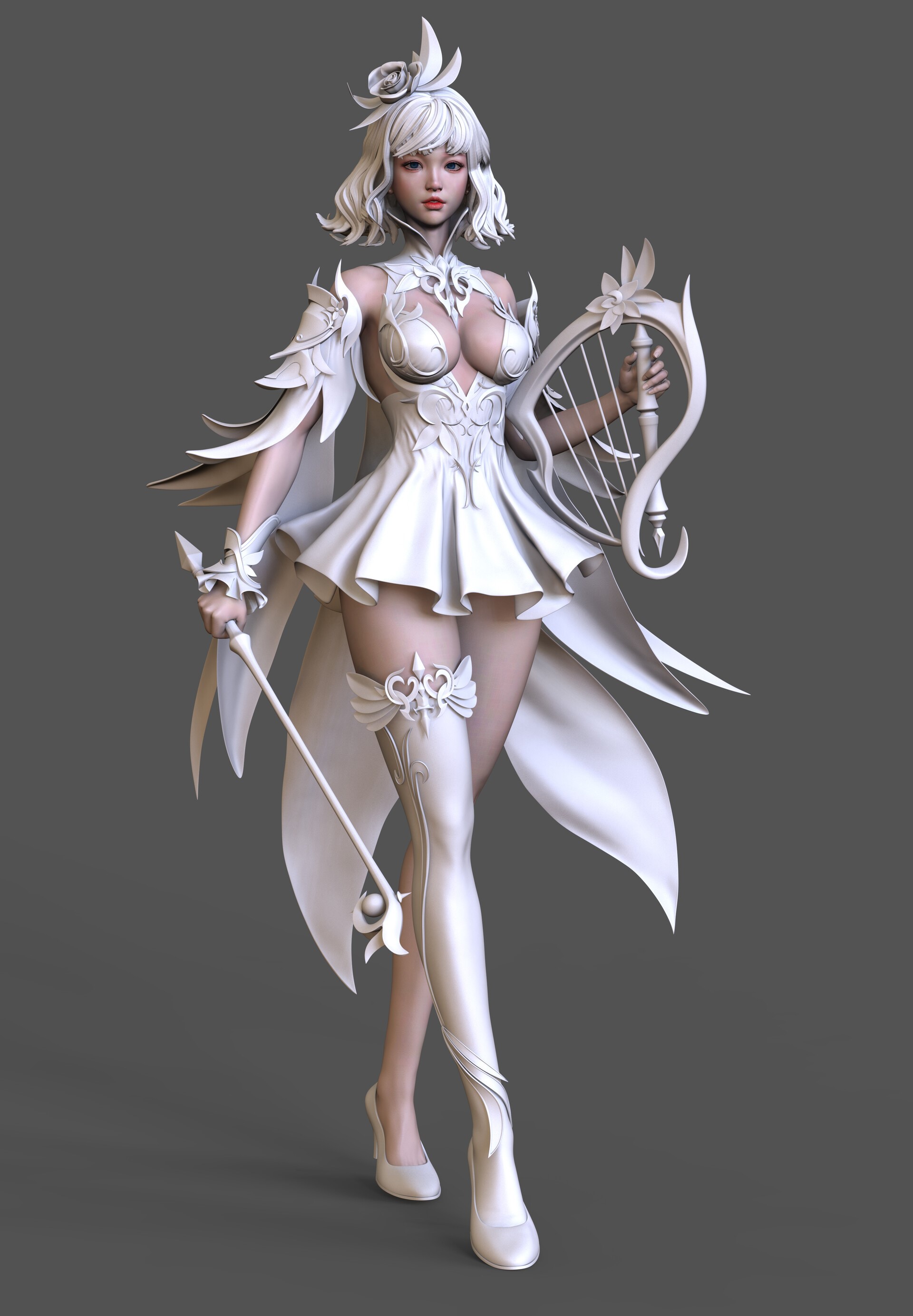 3D model of a woman with a harp and wand HD Phone Wallpaper
