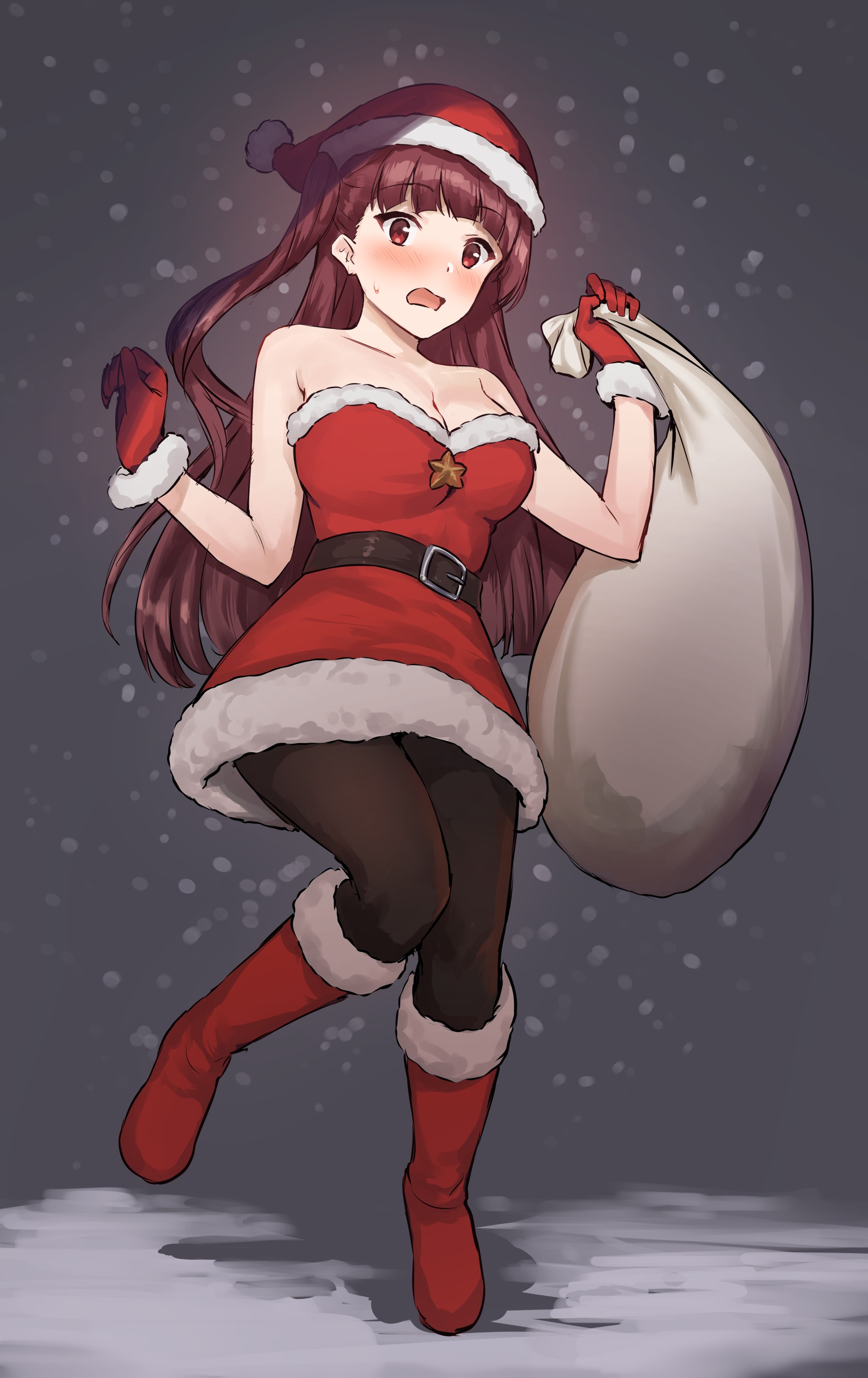 Anime girl in Santa costume with gift sack HD Phone Wallpaper