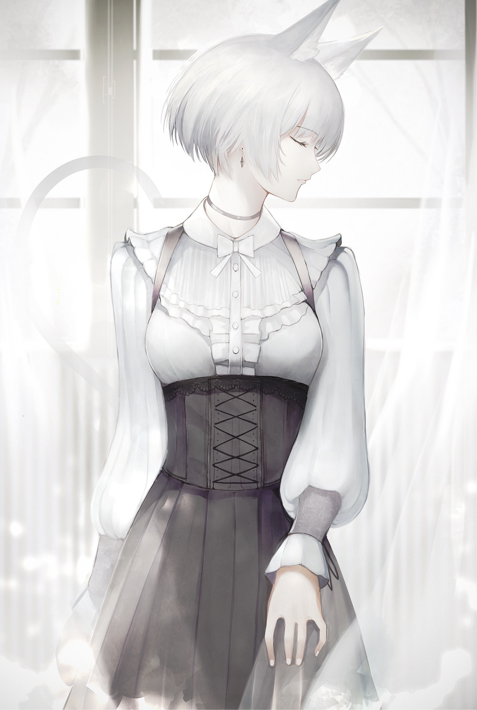 Anime girl with white hair and cat ears HD Phone Wallpaper