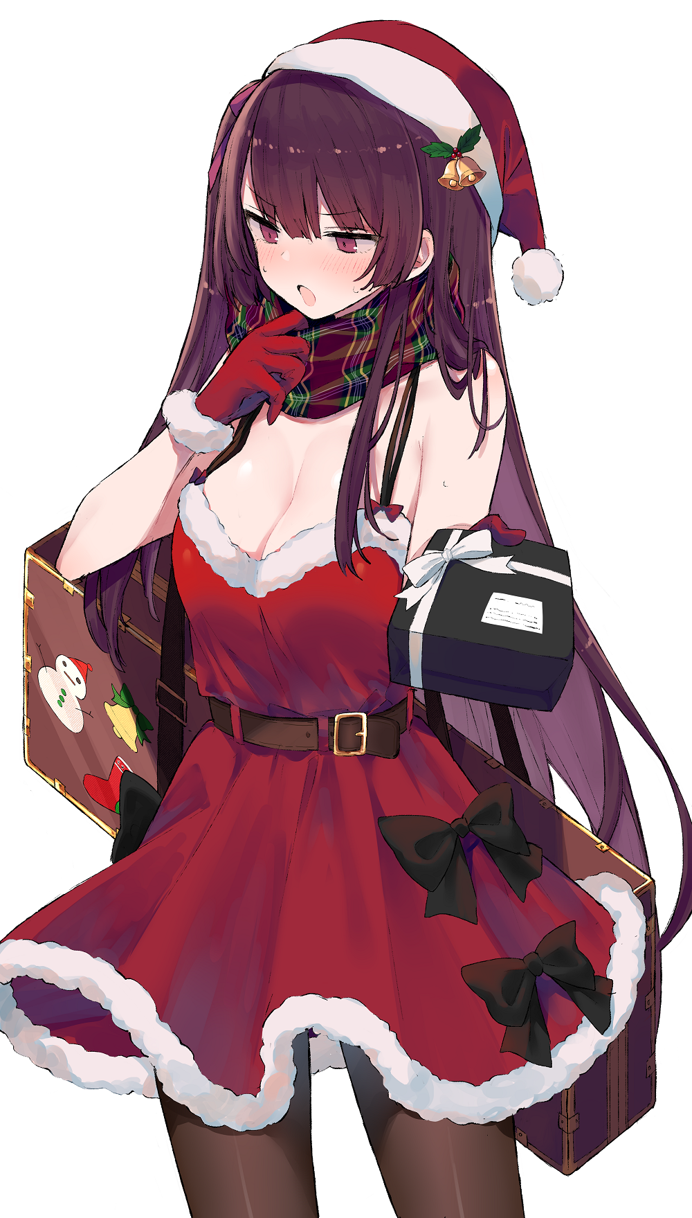 Anime girl in Santa outfit holding a gift HD Phone Wallpaper