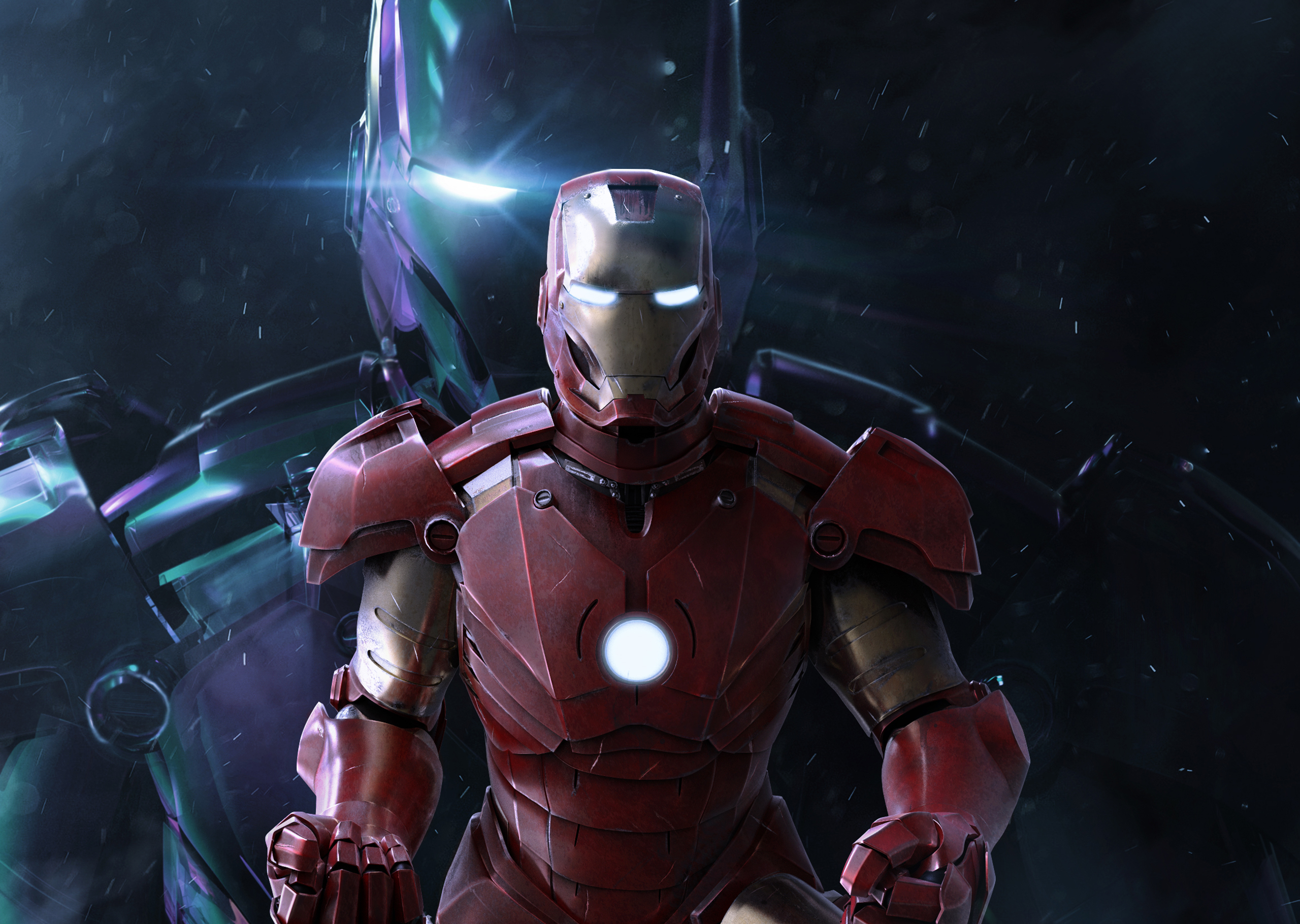 Iron Man Mark III armor with a purple Iron Man armor behind HD Wallpaper