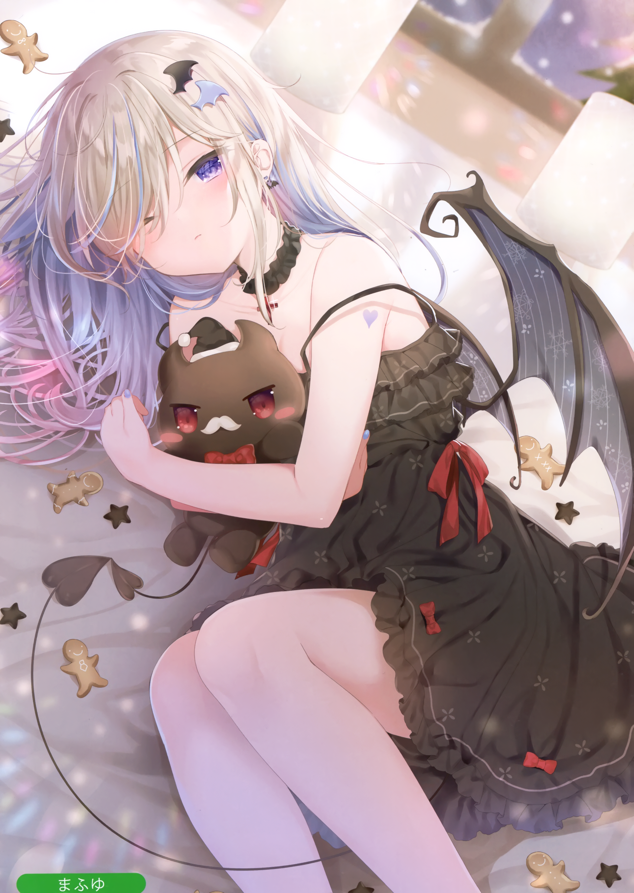 Anime girl with wings and plush toy HD Phone Wallpaper