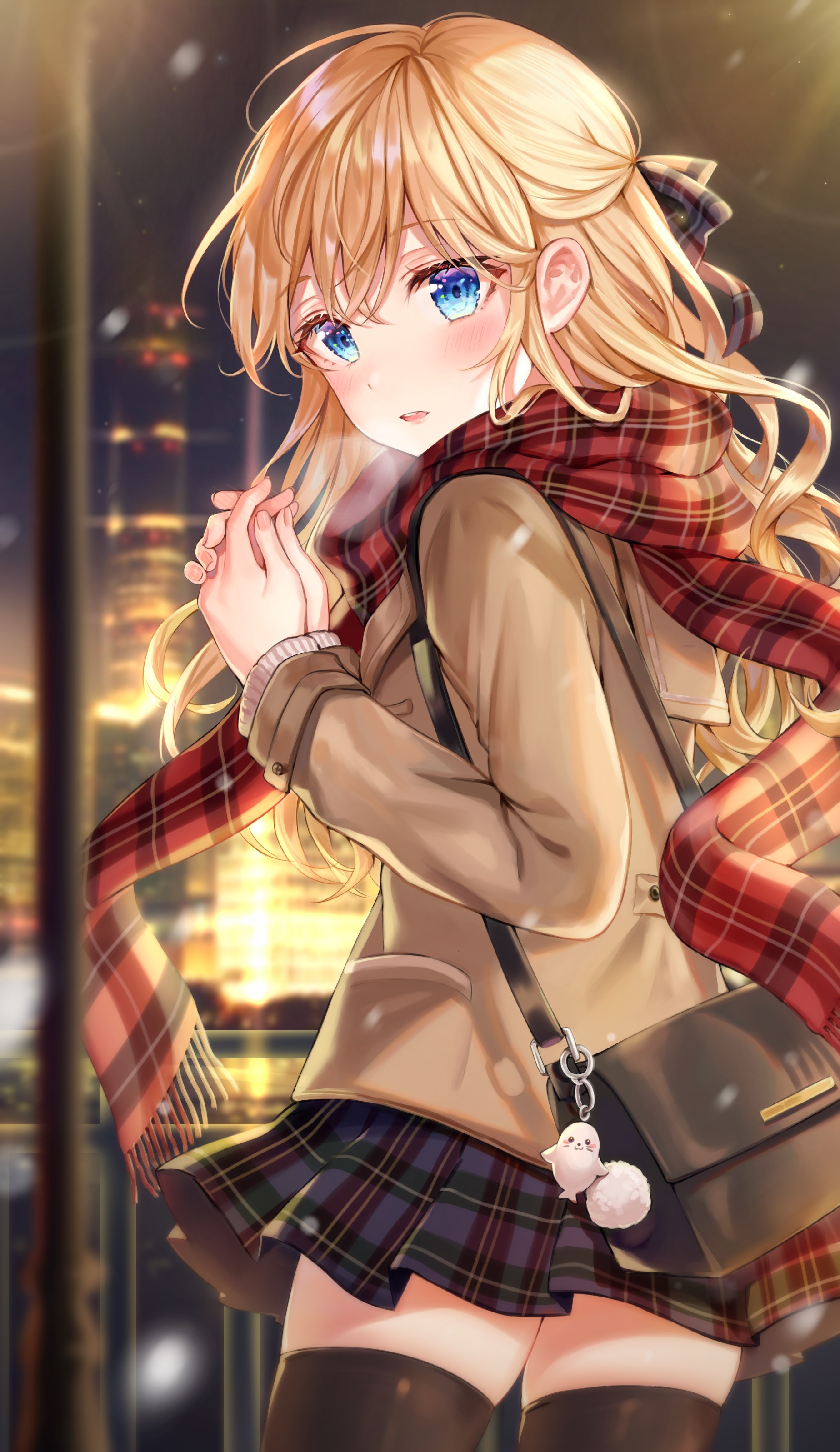 Anime girl with blonde hair and blue eyes in winter HD Phone Wallpaper