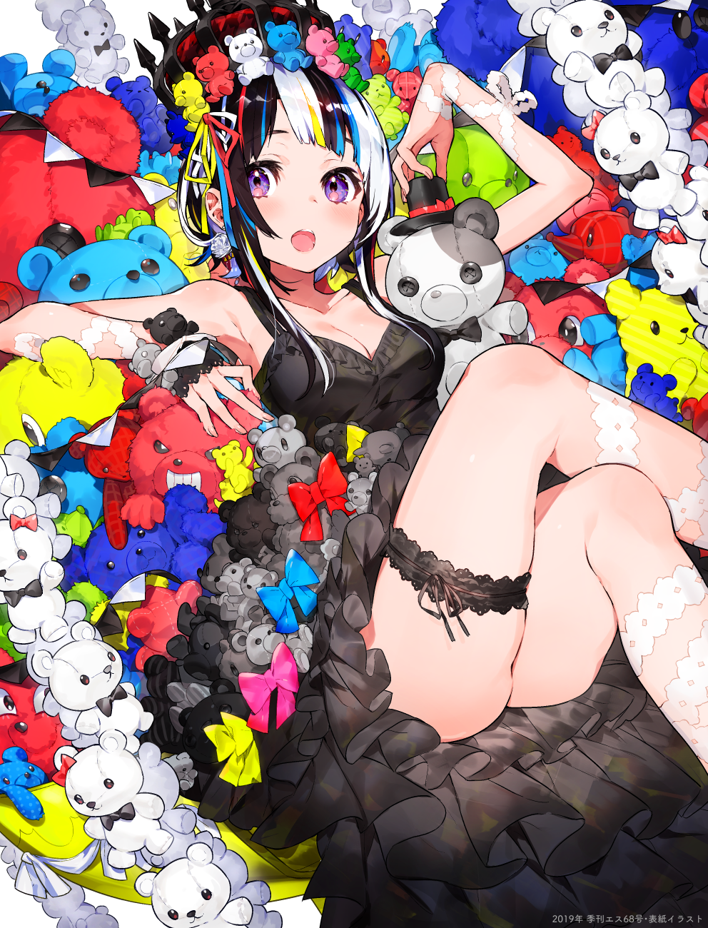 Anime girl with black dress surrounded by teddy bears HD Phone Wallpaper