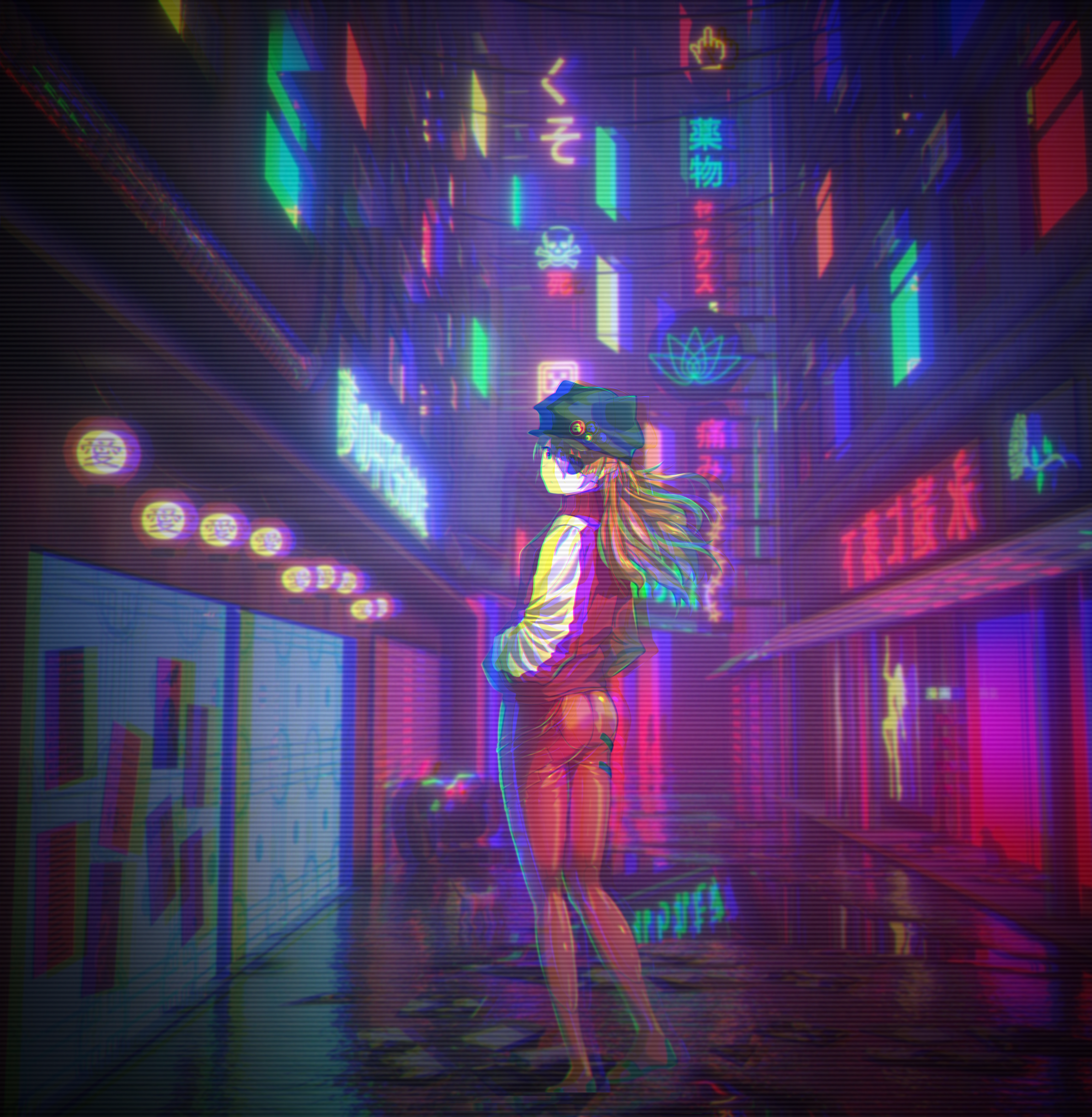 Asuka Langley Soryu from Neon Genesis Evangelion in a neon city HD Phone Wallpaper
