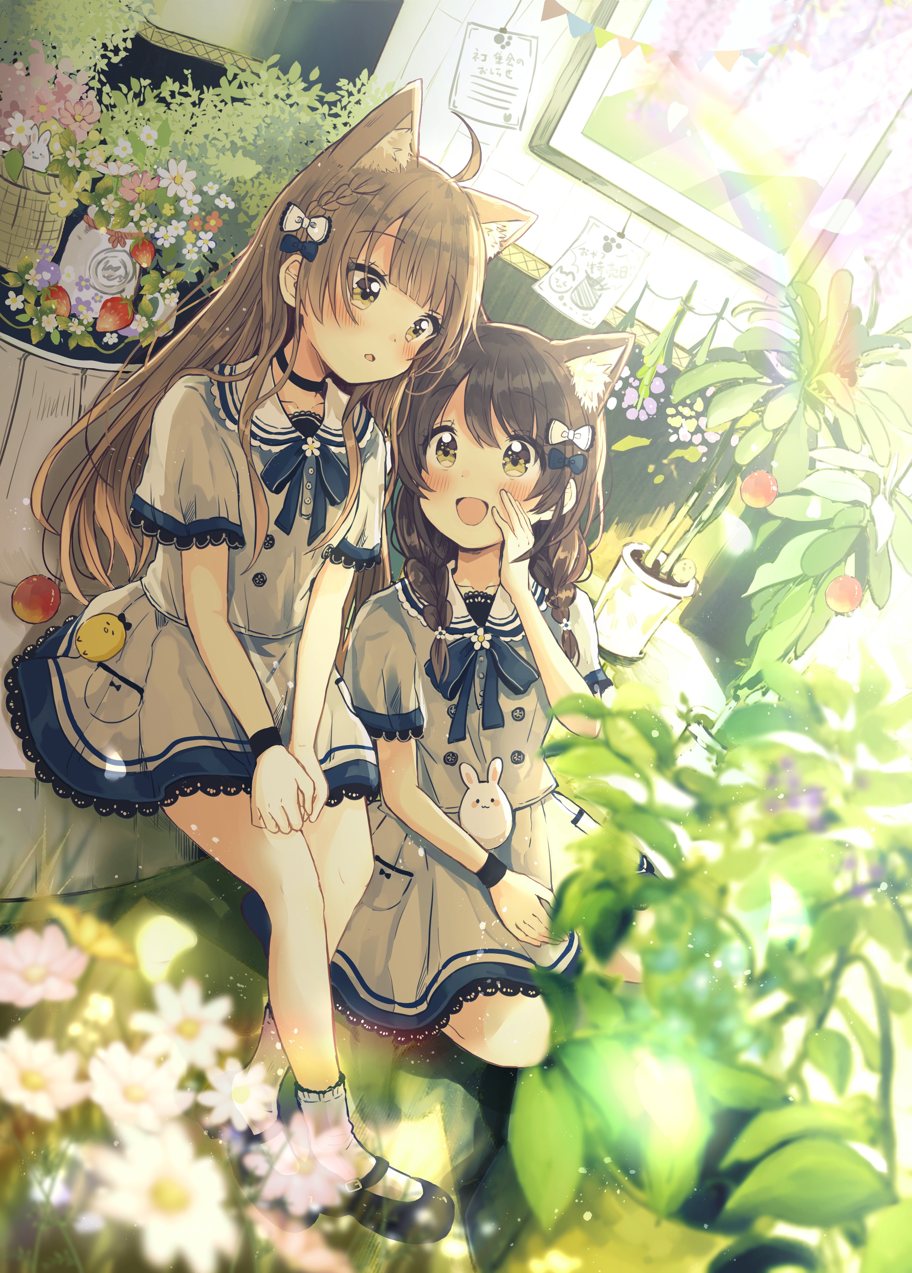 Two anime girls with cat ears in a garden HD Phone Wallpaper
