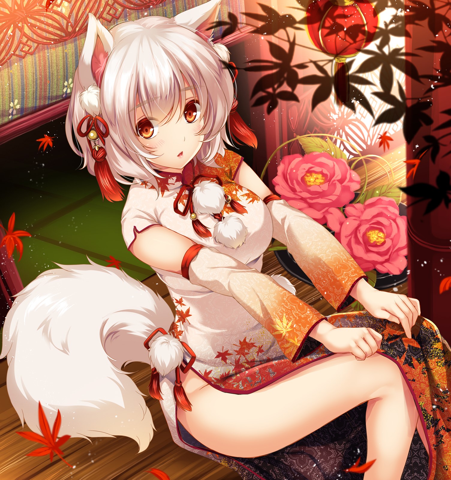 Anime girl with fox ears and tail in traditional dress HD Phone Wallpaper
