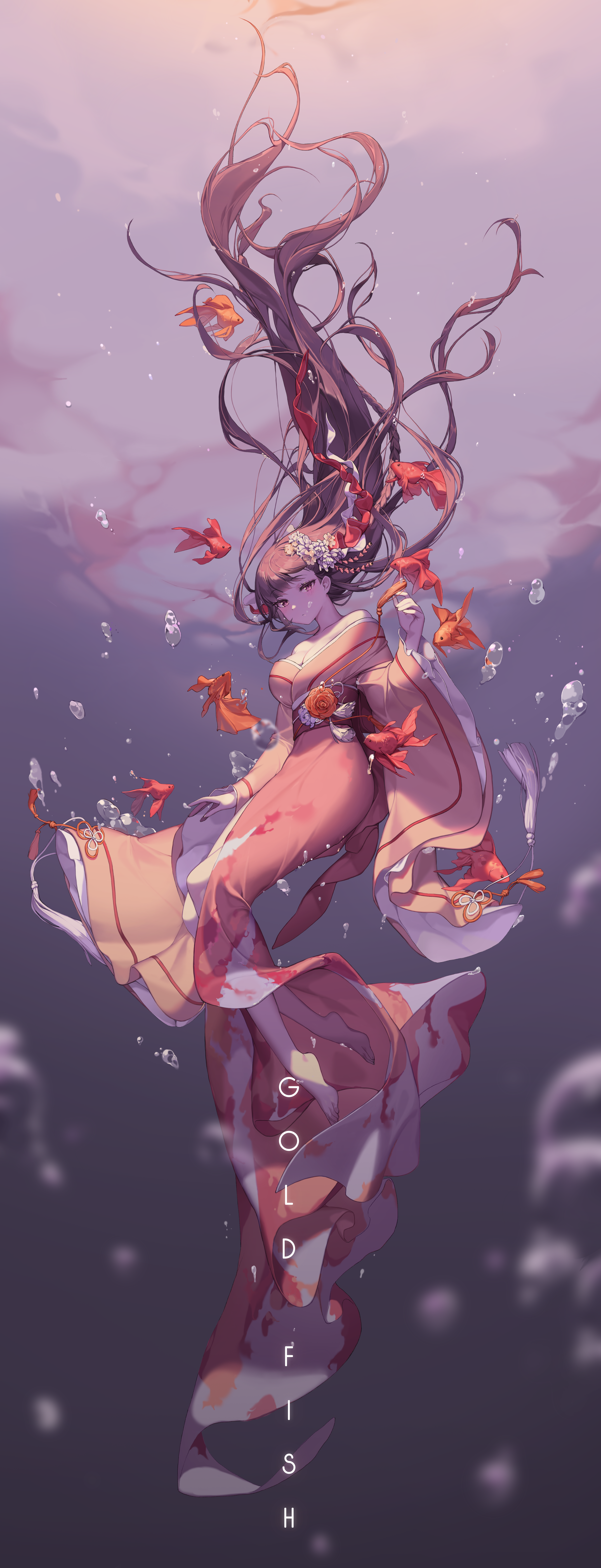 Anime girl in kimono underwater with goldfish HD Phone Wallpaper