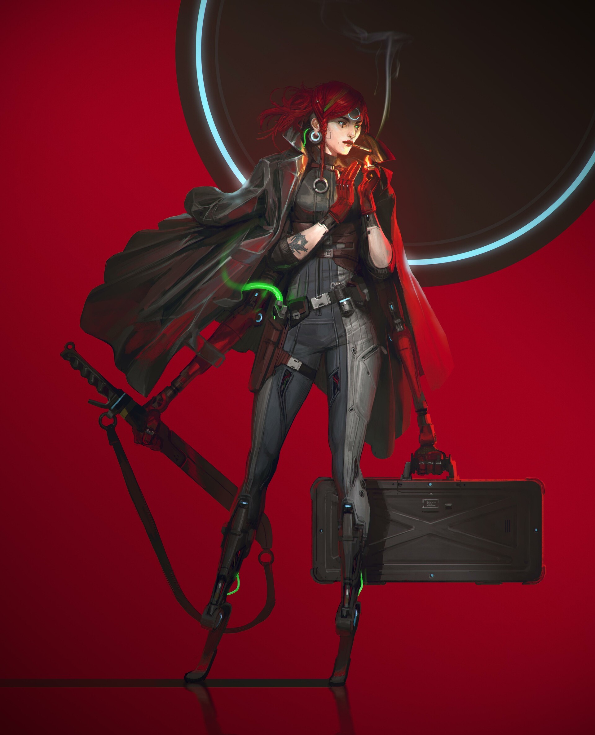 Redhead cyborg woman with sword and briefcase HD Phone Wallpaper