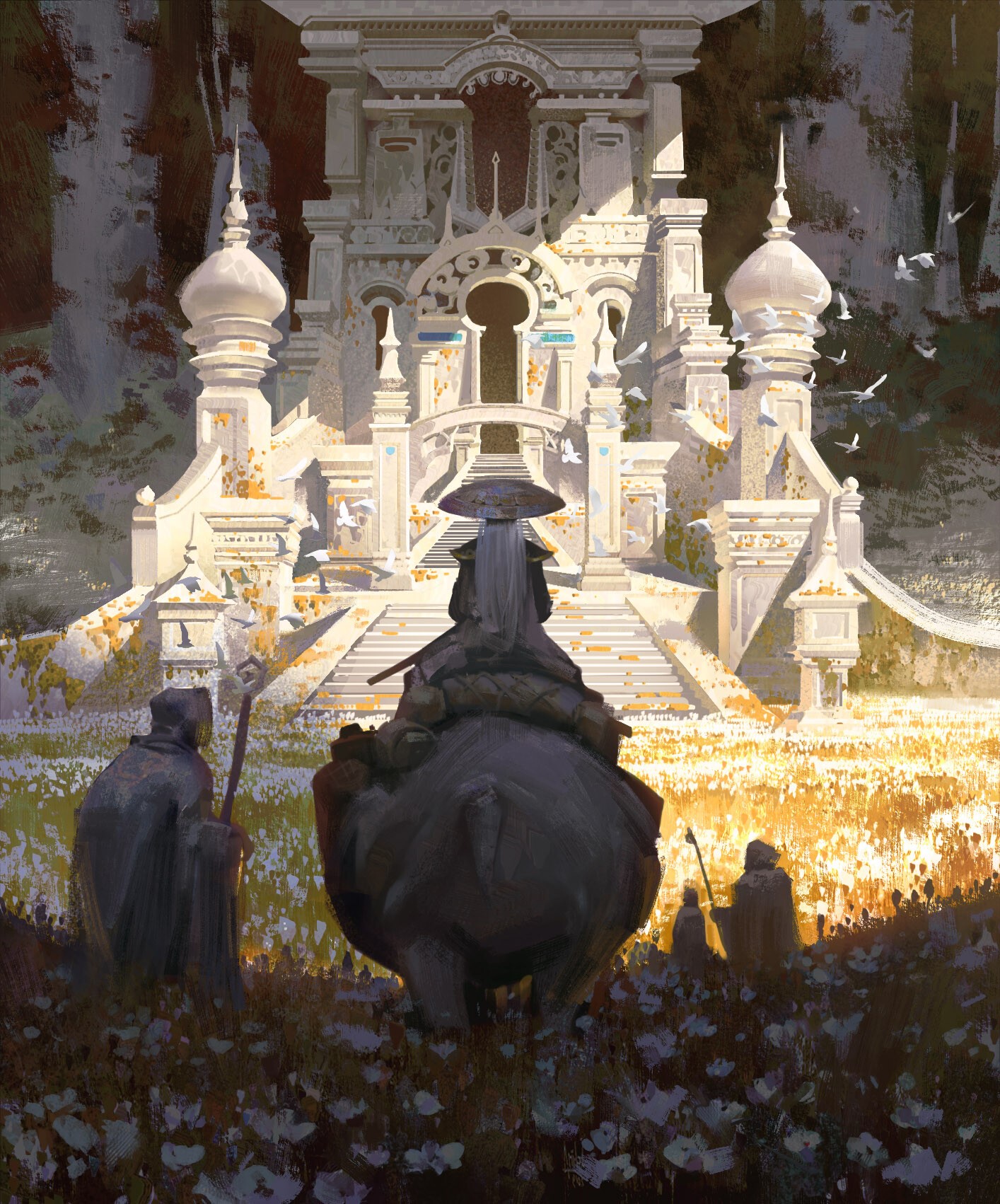Fantasy adventurers approach a white temple on a rhino HD Phone Wallpaper