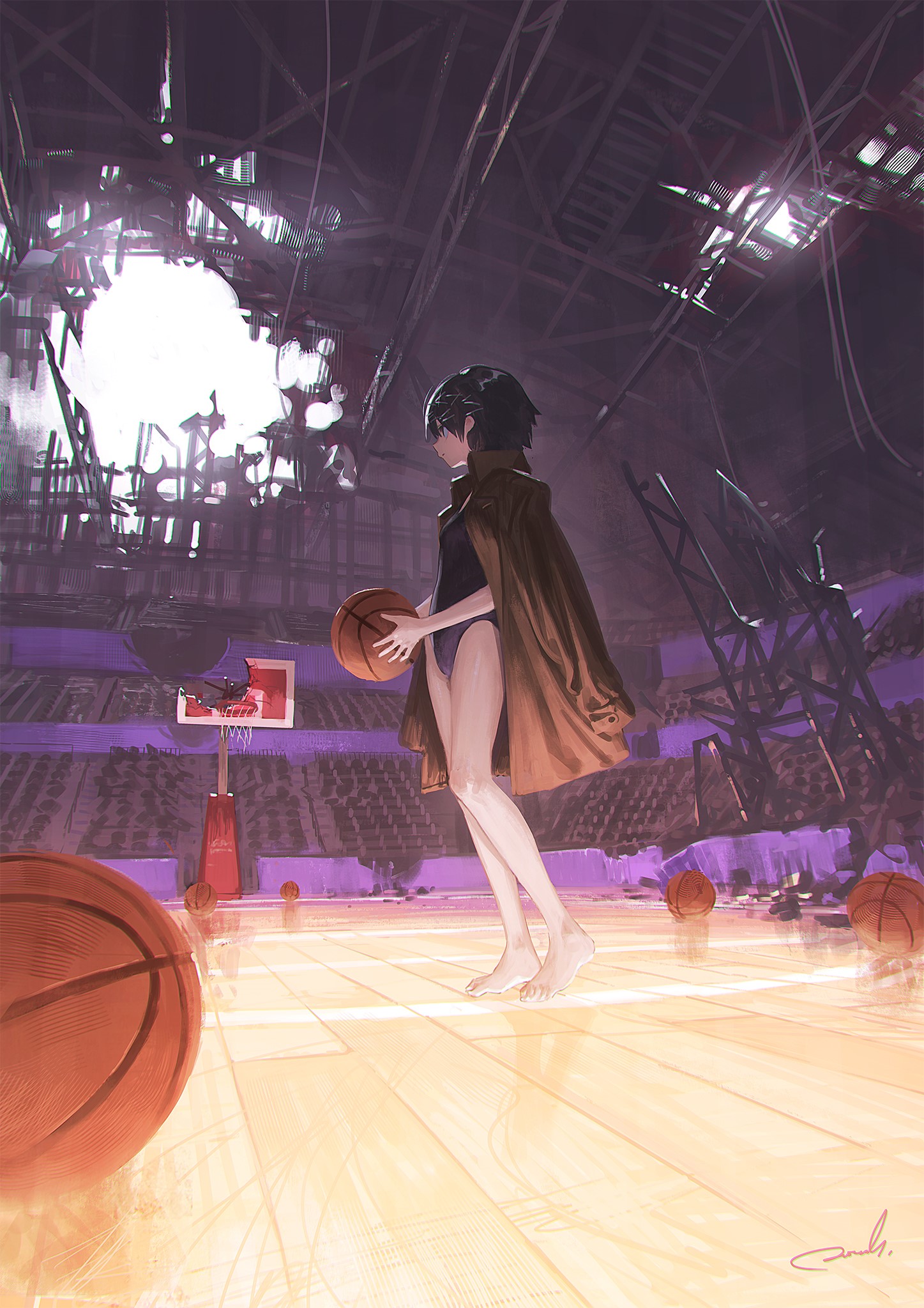 Anime girl with basketball in abandoned stadium HD Phone Wallpaper