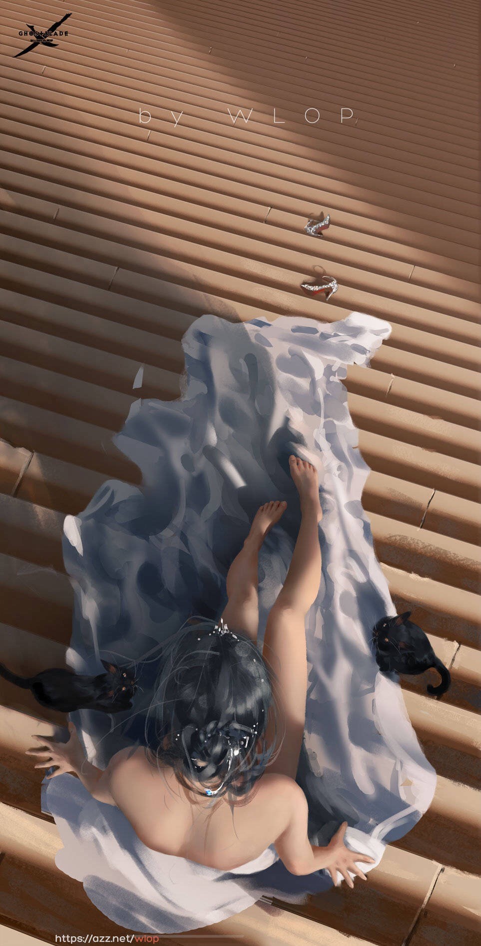 Fantasy girl with cats on stairs by WLOP HD Phone Wallpaper