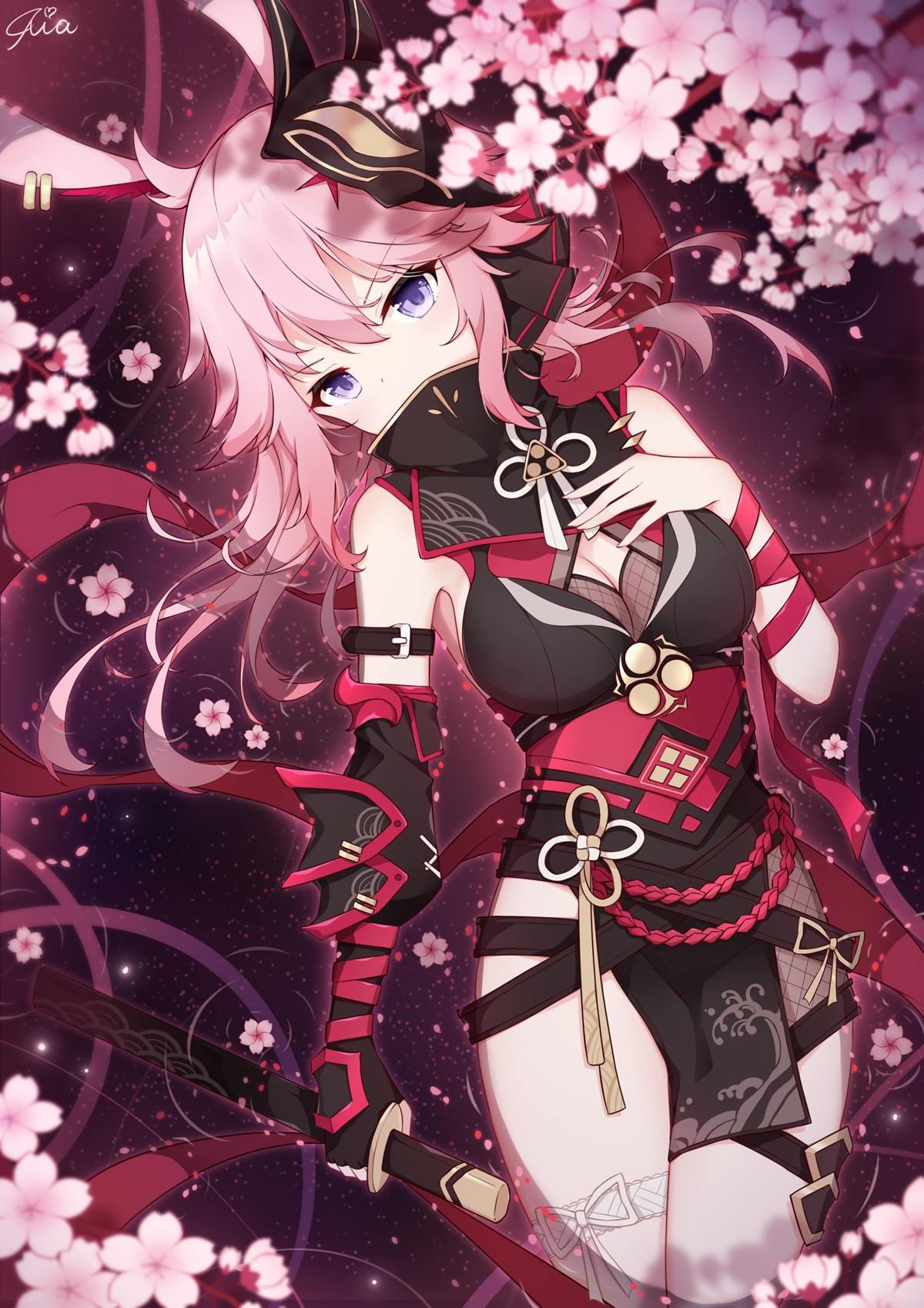 Anime girl with pink hair and cherry blossoms HD Phone Wallpaper