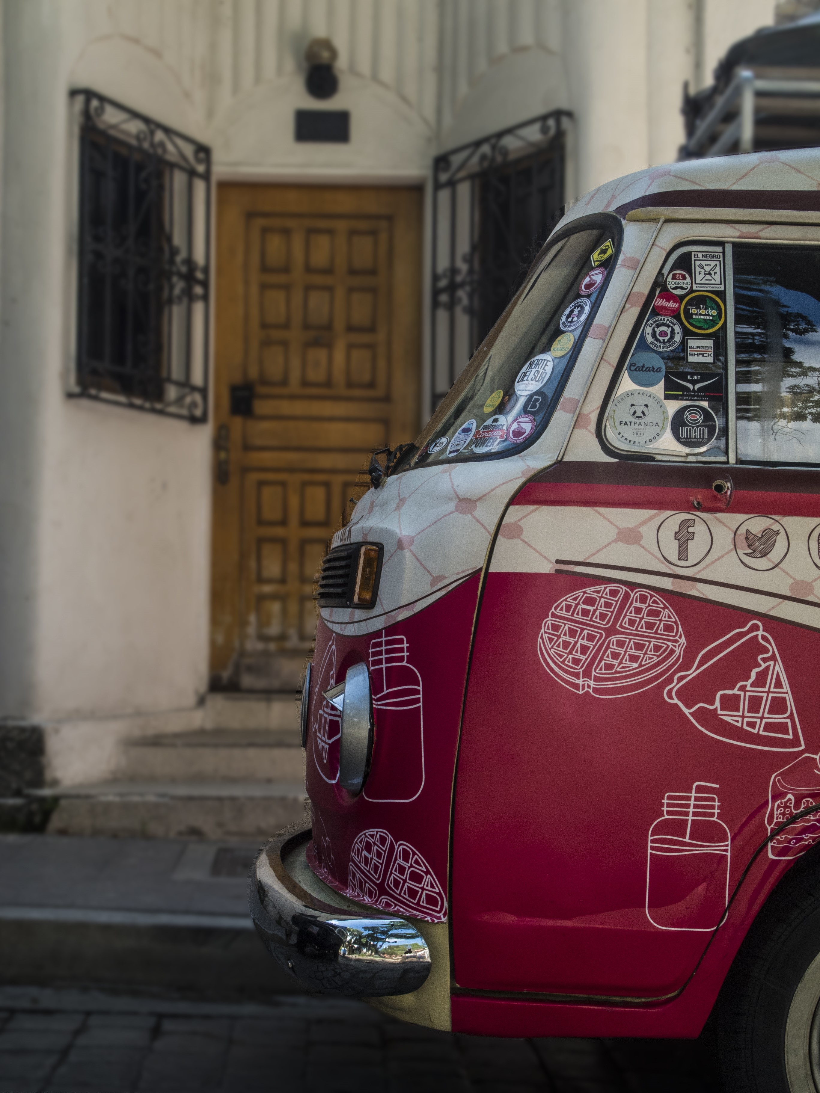 Red Volkswagen Combi food truck with waffle graphics HD Phone Wallpaper