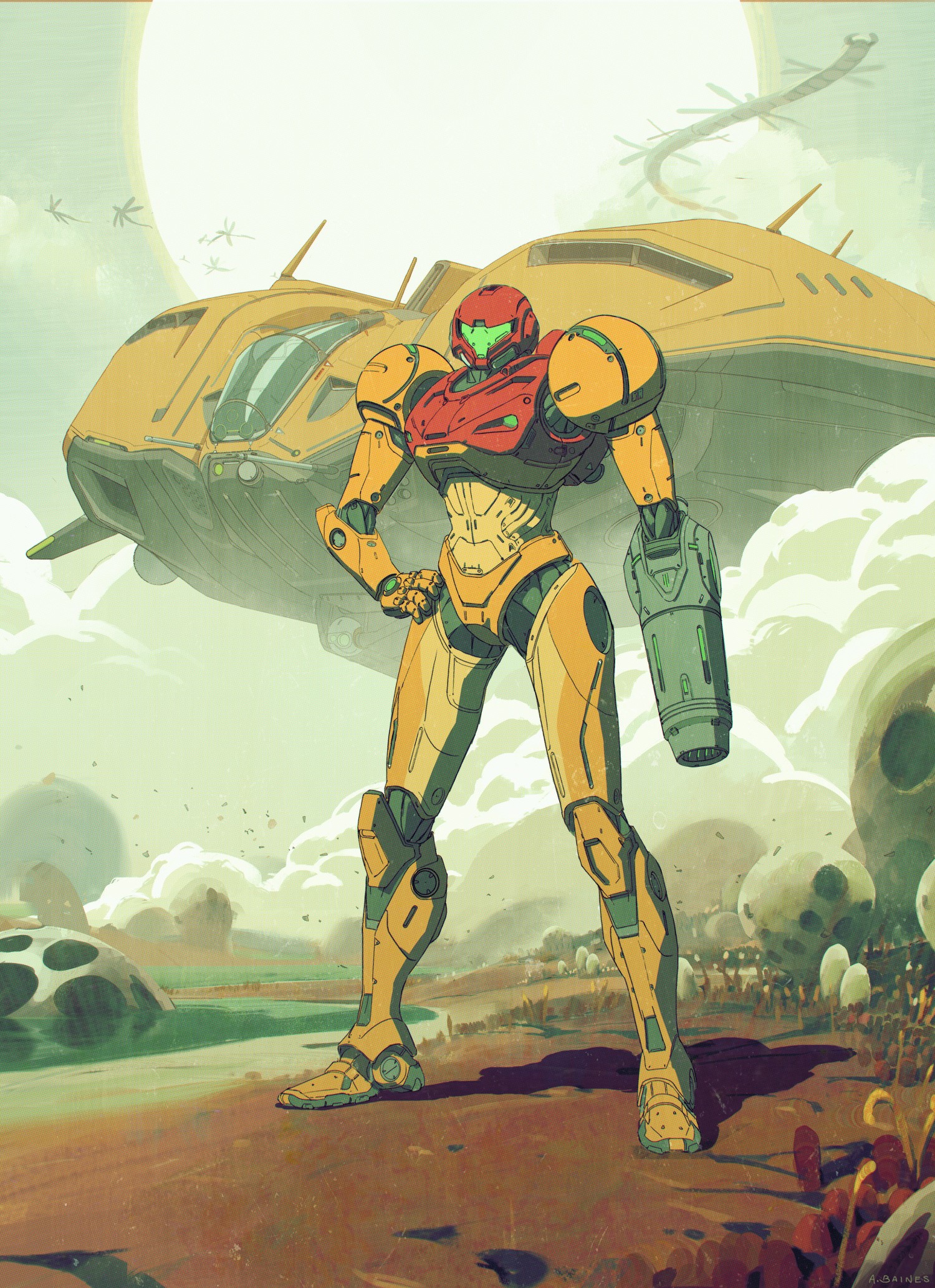 Samus Aran from Metroid with a spaceship HD Phone Wallpaper