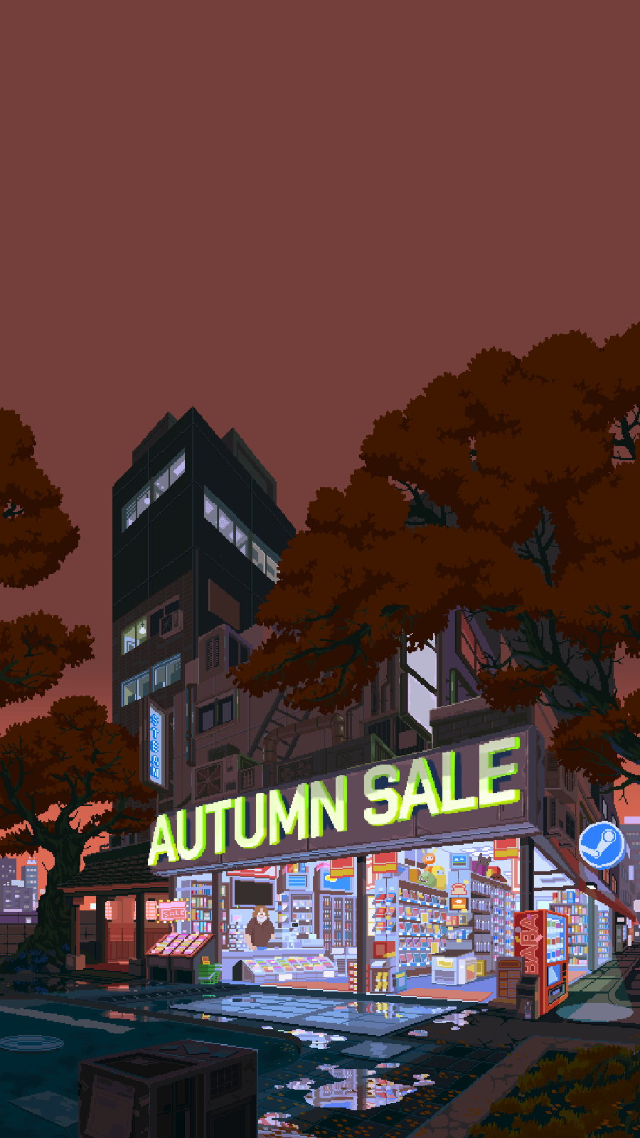 Pixel art of a store with "Autumn Sale" sign HD Phone Wallpaper