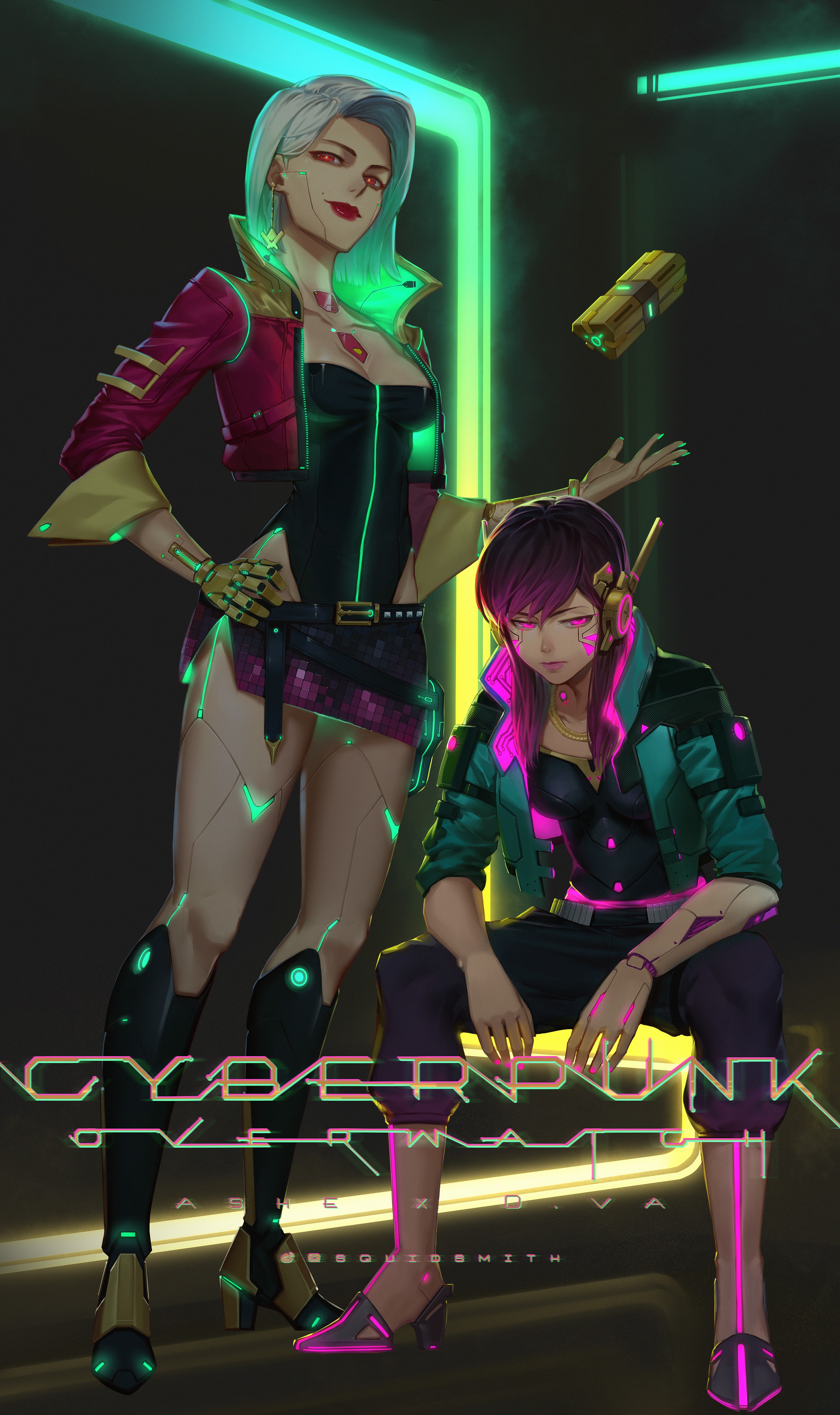 Cyberpunk D.Va and Ashe from Overwatch HD Phone Wallpaper