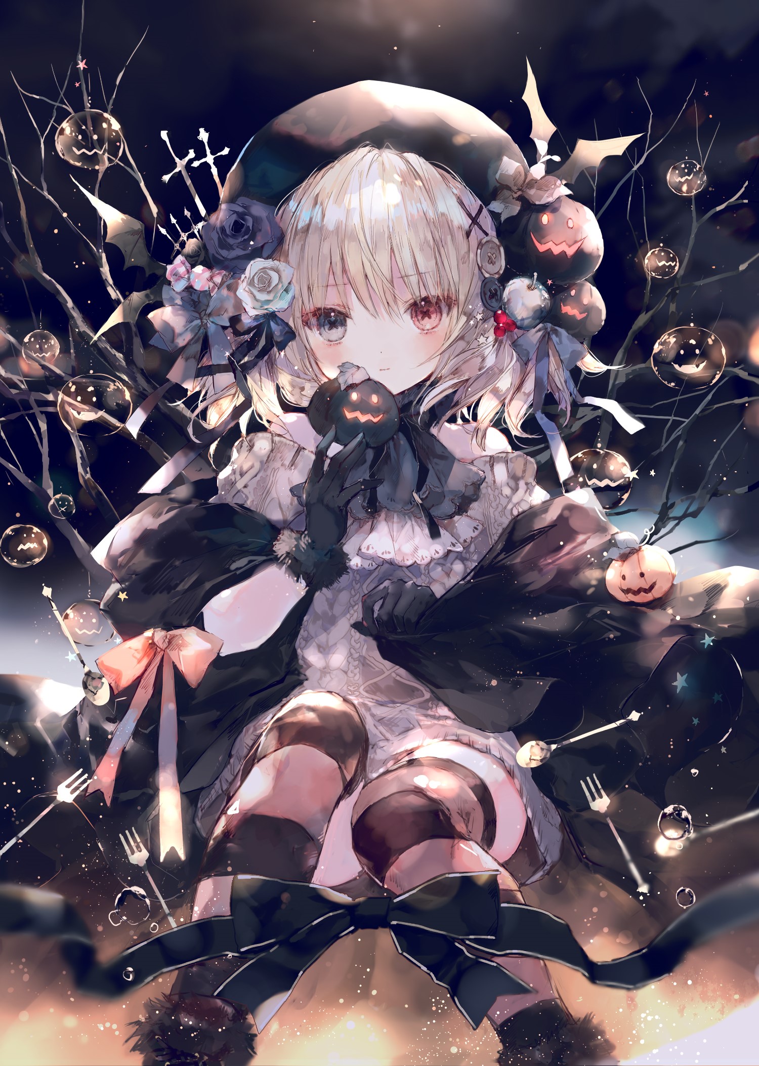 Anime girl in Halloween costume with pumpkins and bats HD Phone Wallpaper