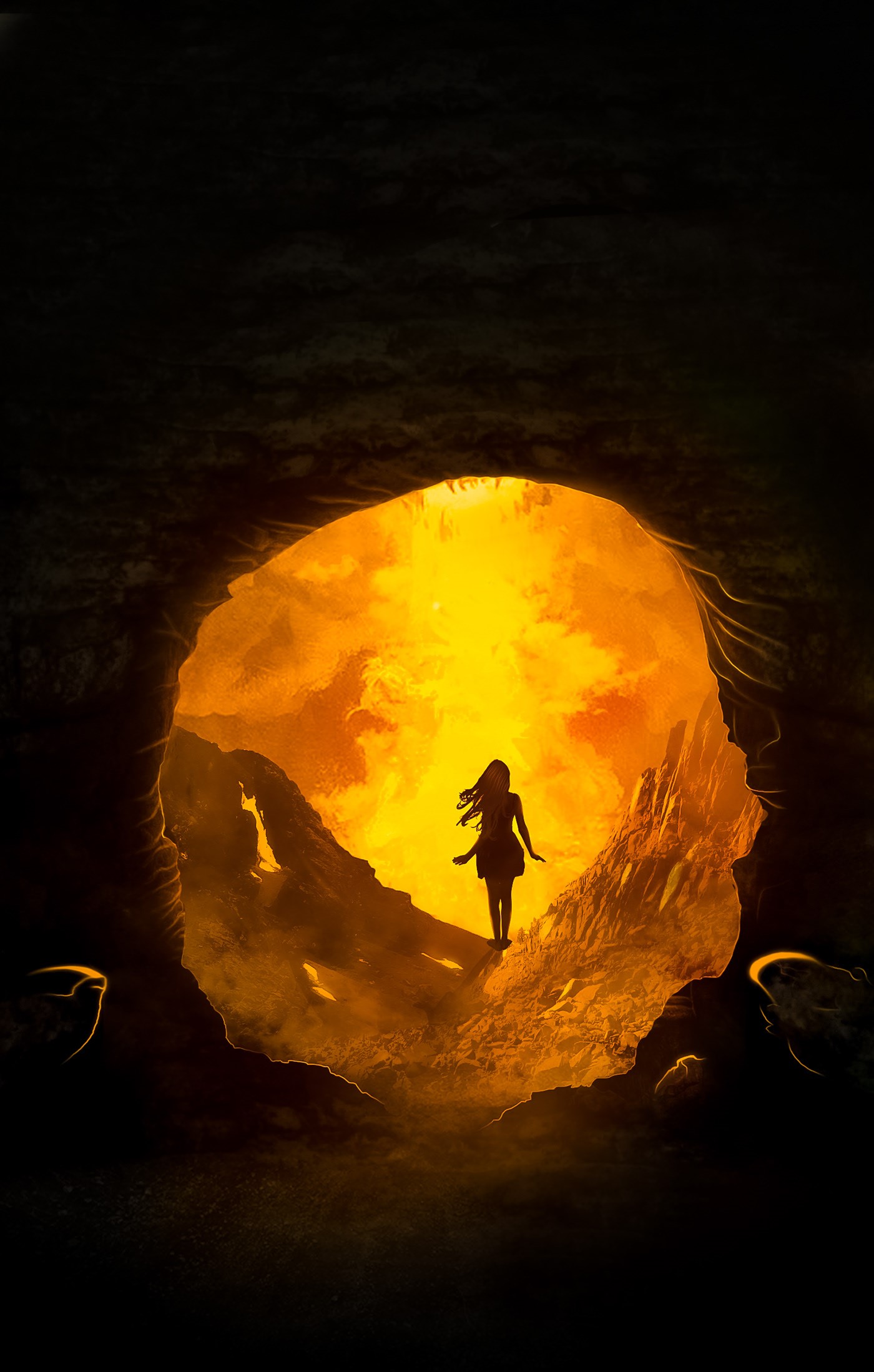 Silhouette of a woman in a cave with orange light HD Phone Wallpaper