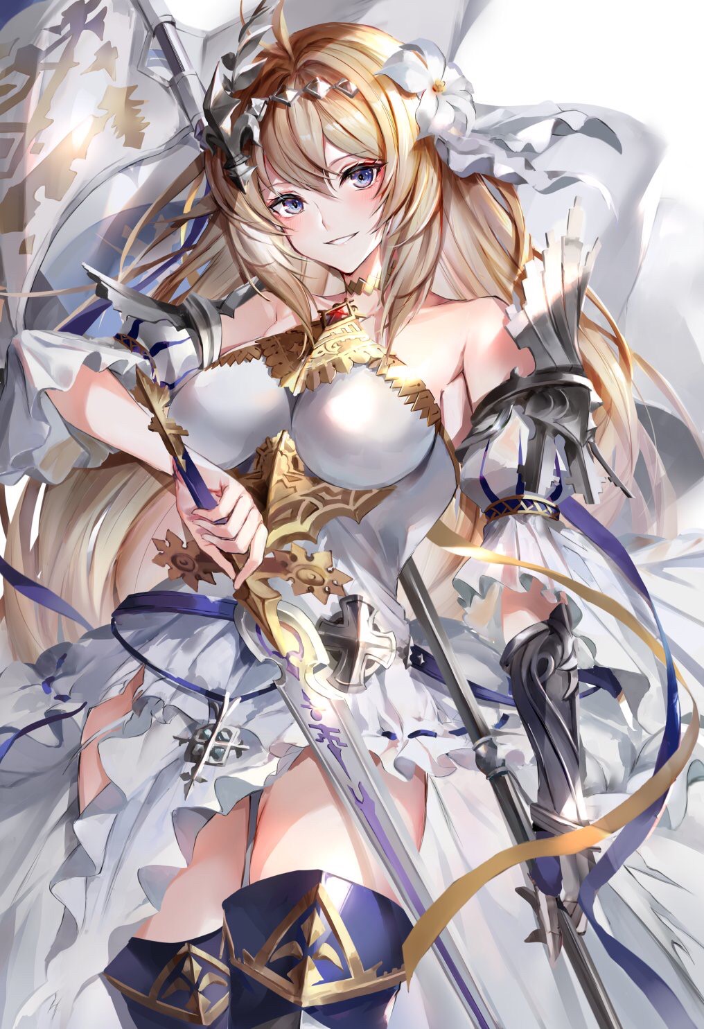 Anime girl in white dress holding a sword HD Phone Wallpaper