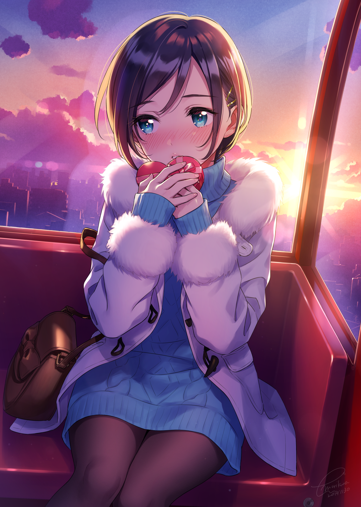 Anime girl eating apple in Ferris wheel at sunset HD Phone Wallpaper