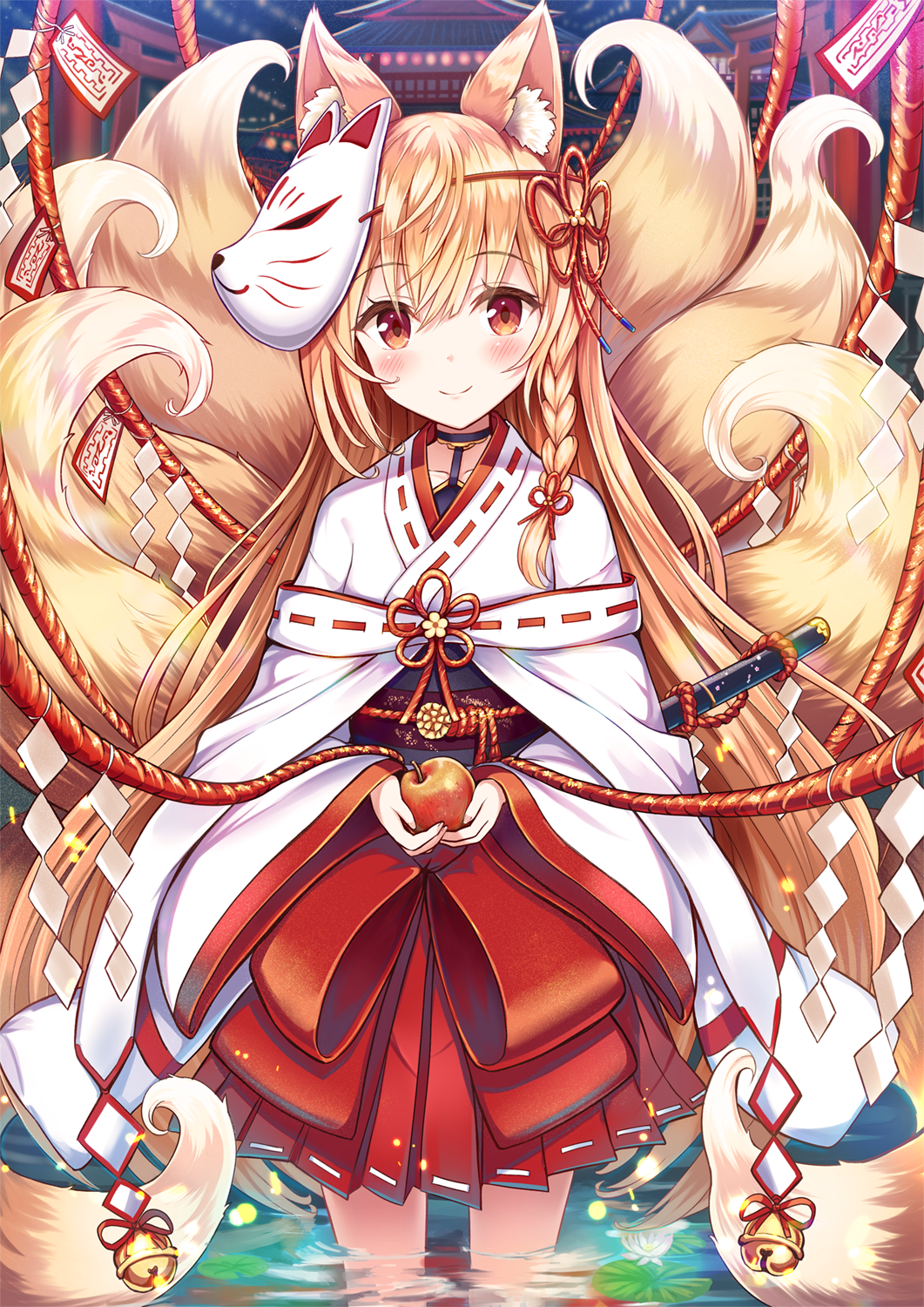 Kitsune Shrine Maiden Holding an Apple HD Phone Wallpaper