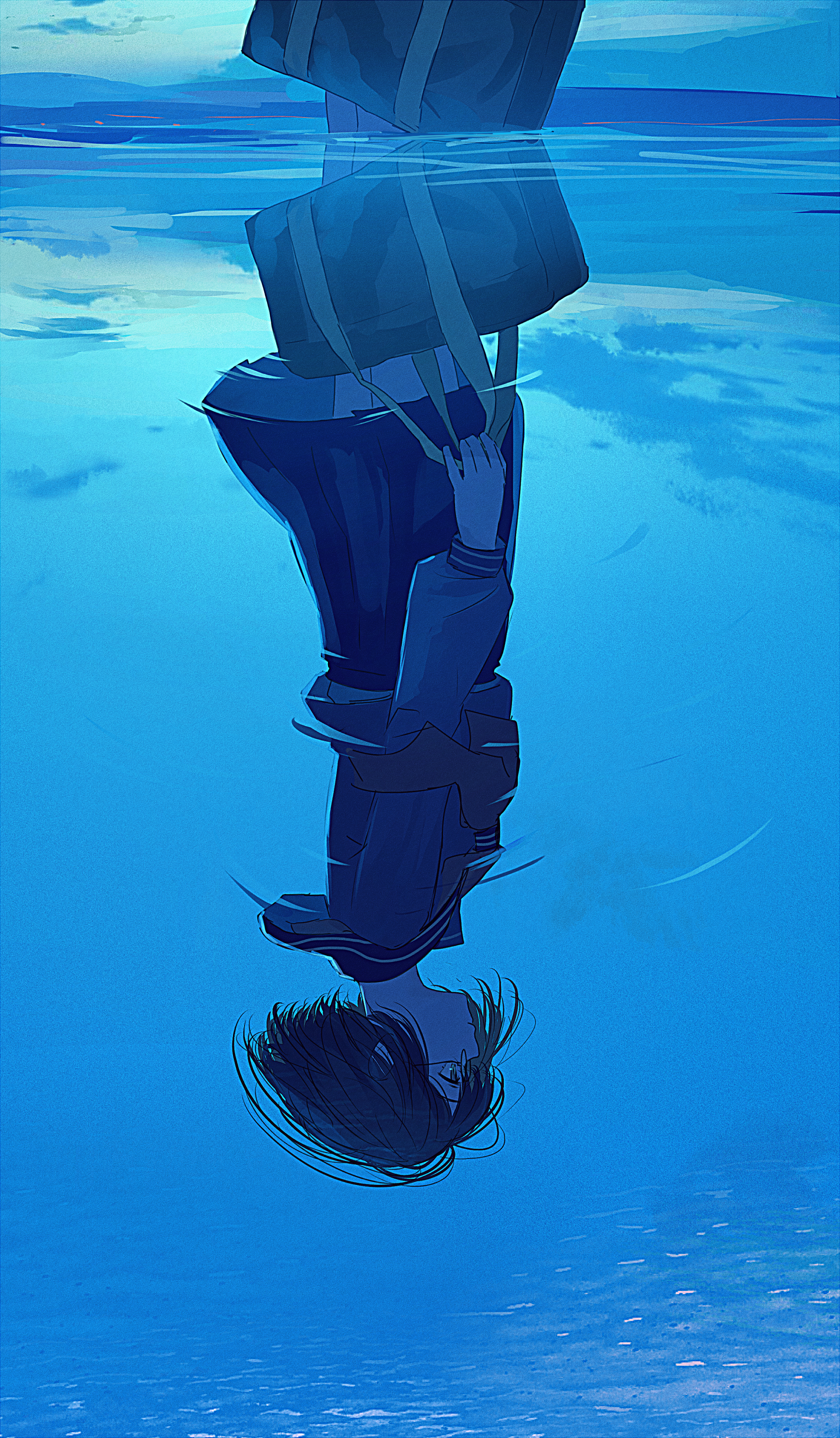 Anime girl in school uniform reflected in water HD Phone Wallpaper